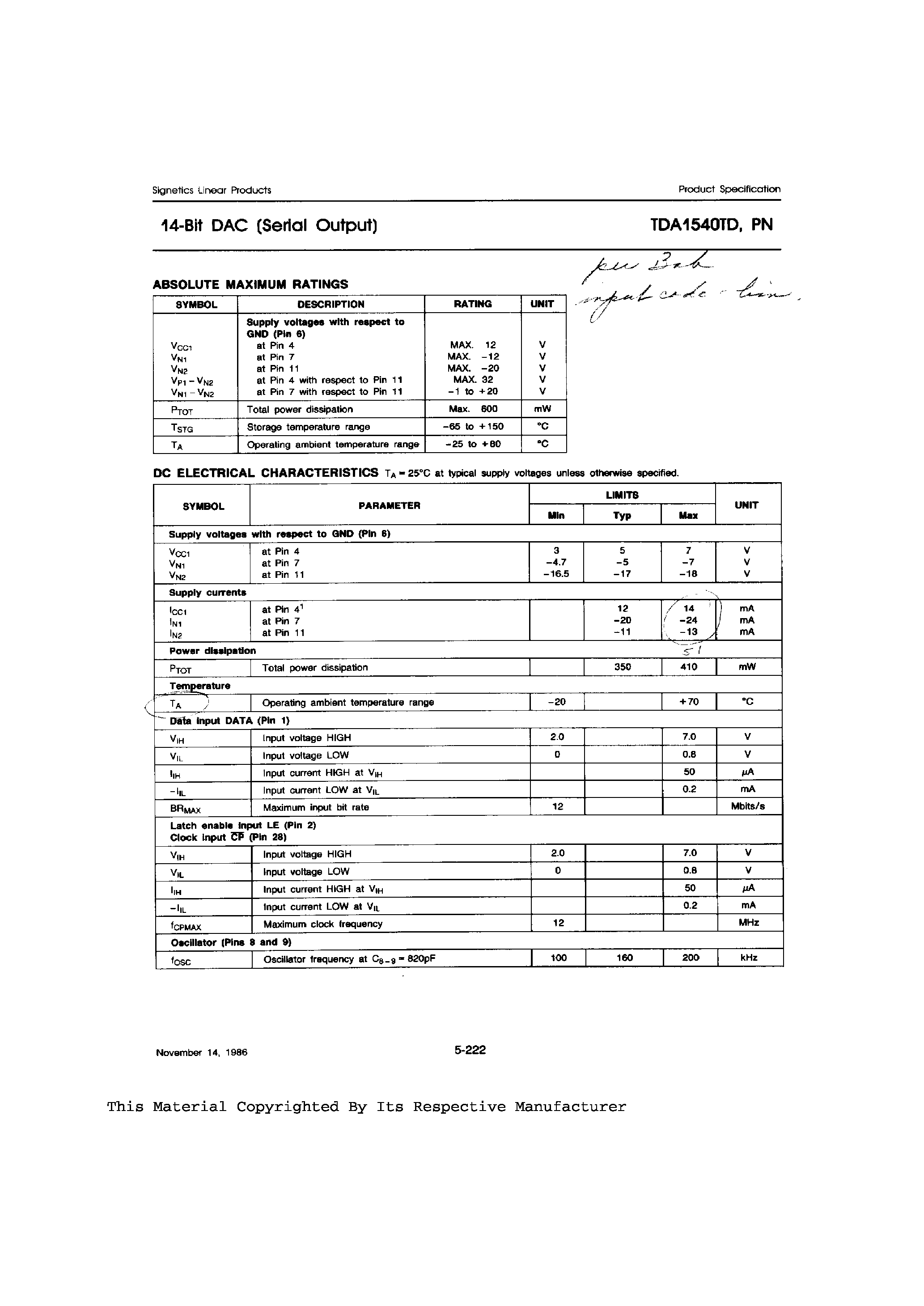 Datasheet TDA1540D - 14-Bit DAC (Serial Output) page 2