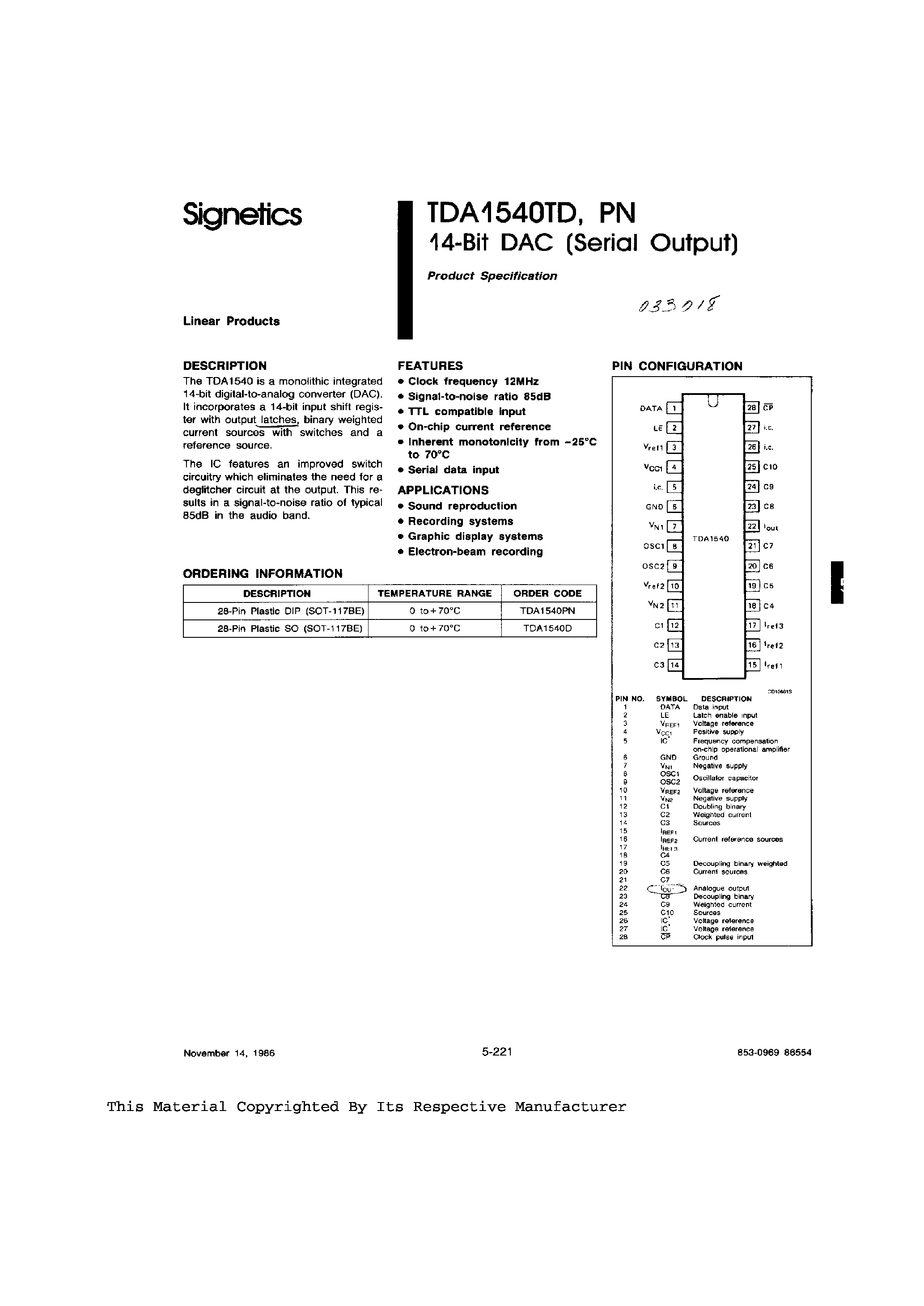 Даташит TDA1540TD - 14-Bit DAC (Serial Output) страница 1