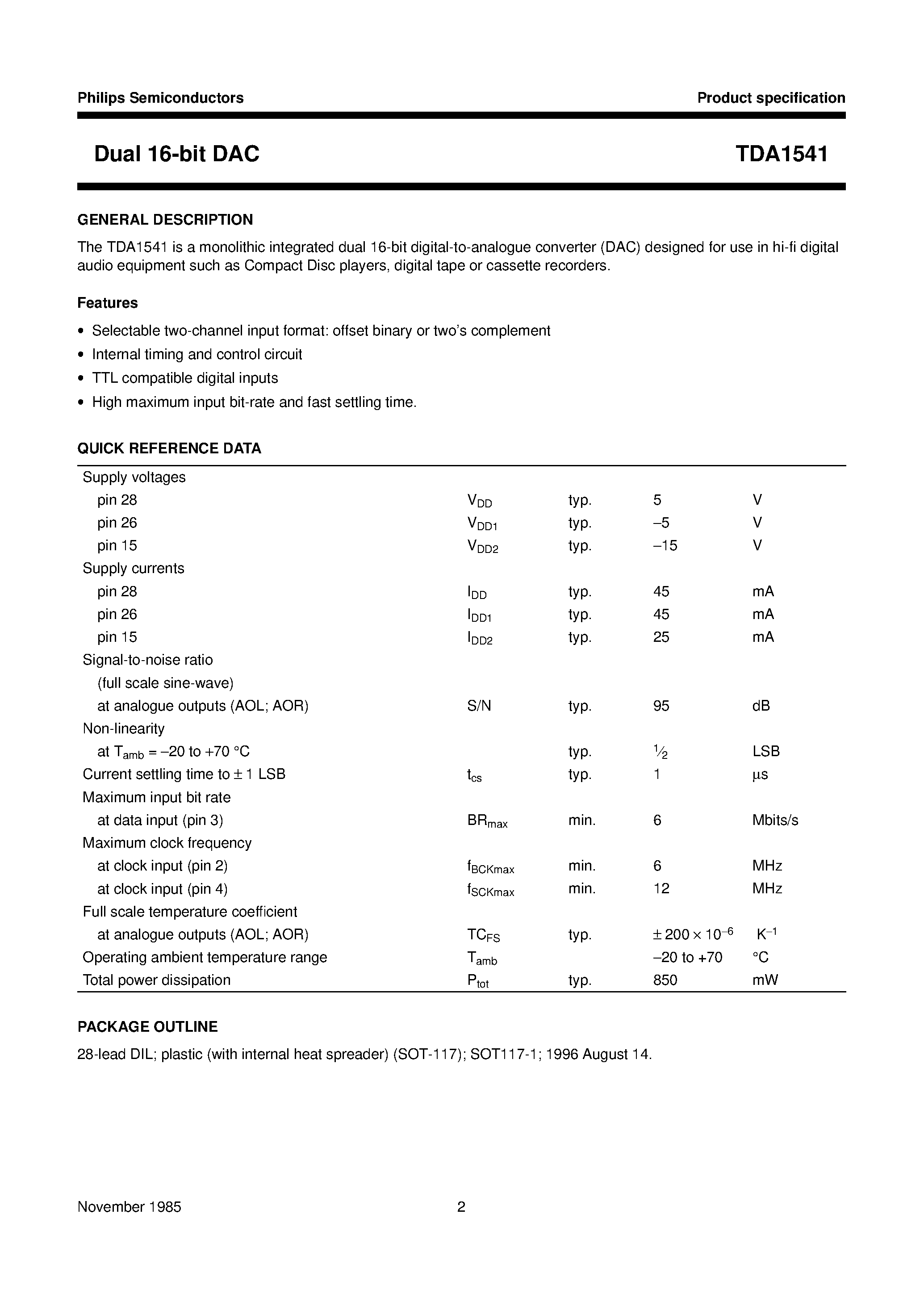 Datasheet TDA1541 - Dual 16-bit DAC page 2