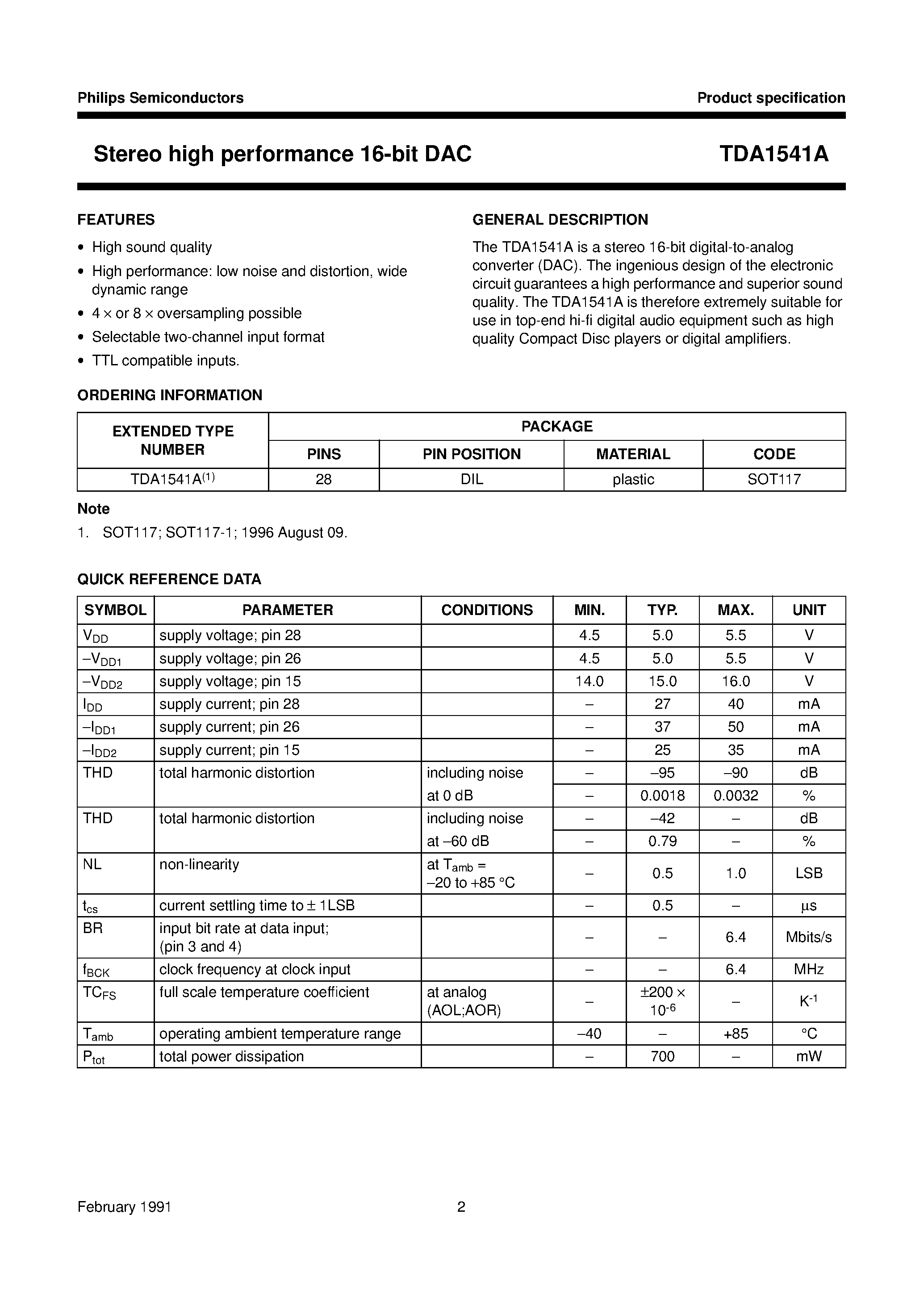 Datasheet TDA1541A - Stereo high performance 16-bit DAC page 2