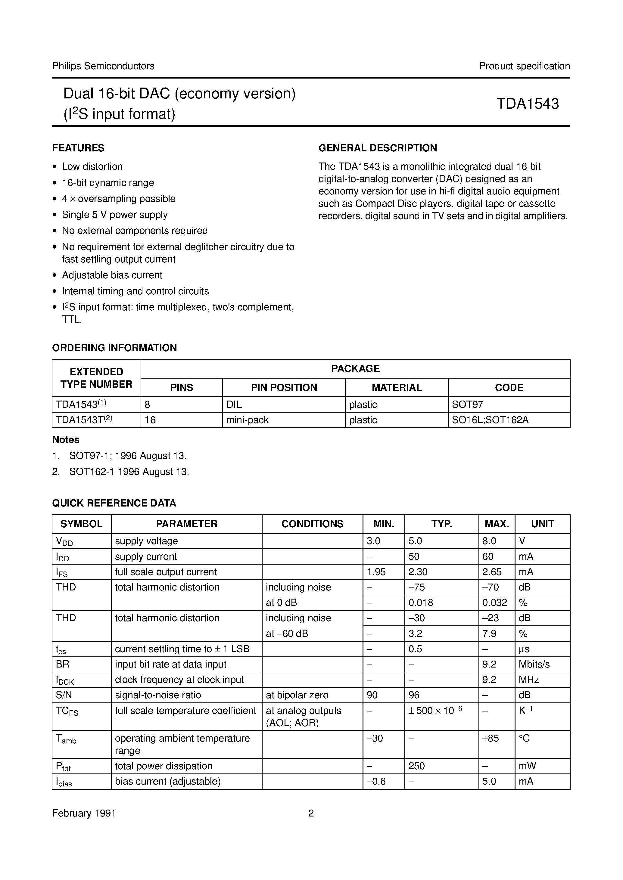 Datasheet TDA1543 - Dual 16-bit DAC economy version I2S input format page 2