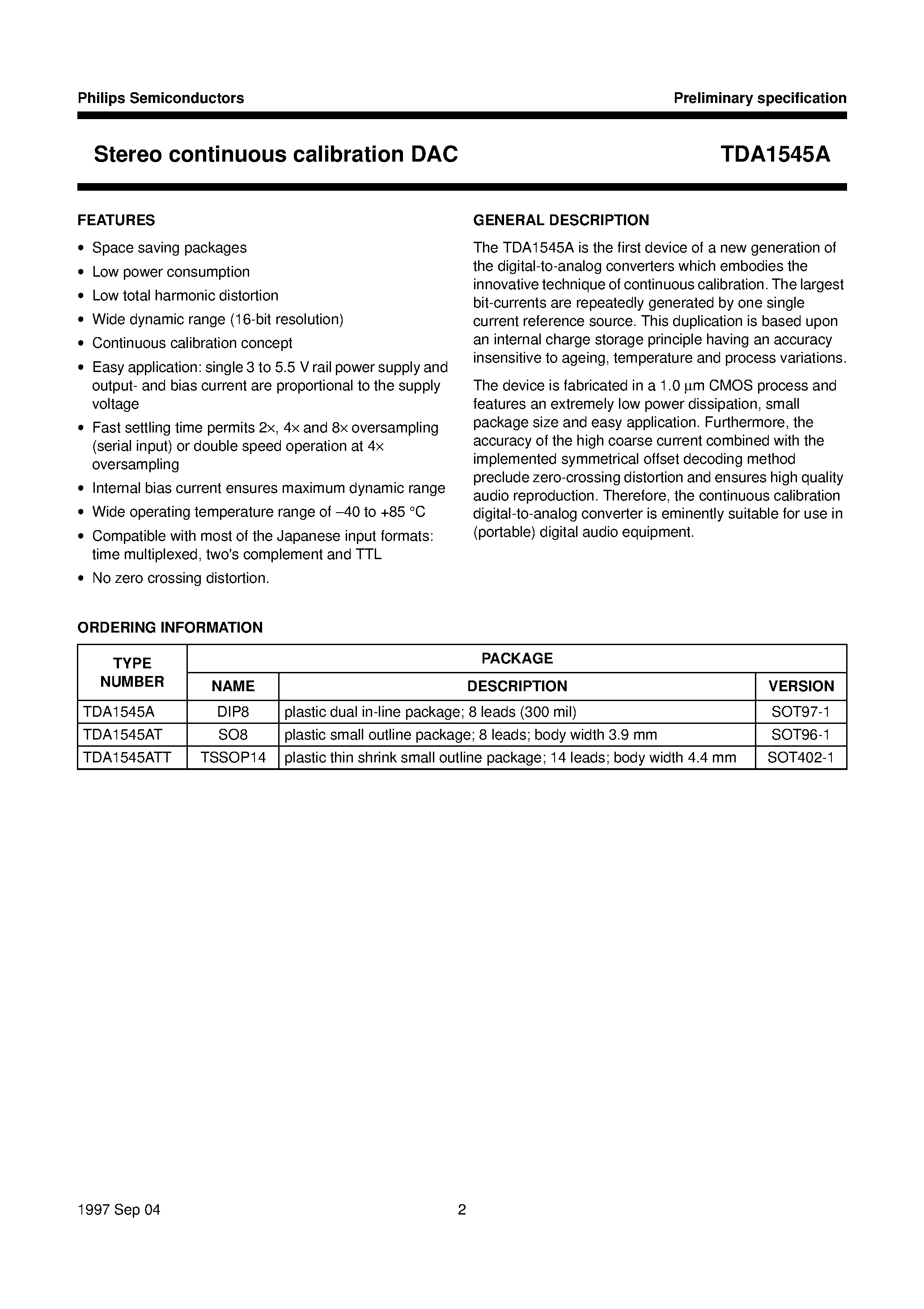 Datasheet TDA1545 - Stereo continuous calibration DAC page 2