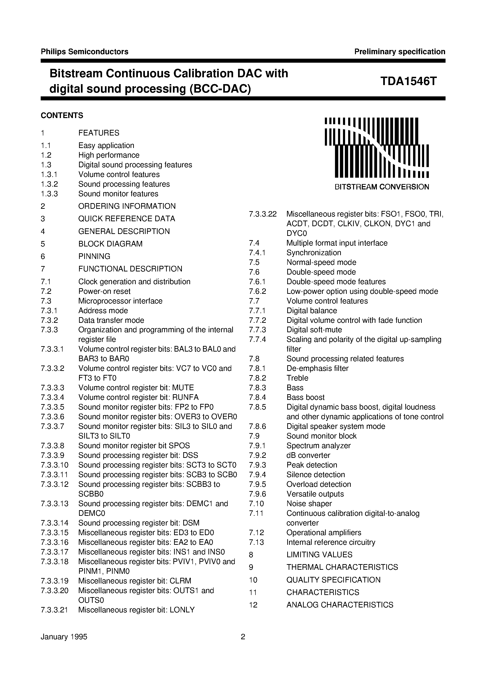 Datasheet TDA1546T - Bitstream Continuous Calibration DAC with digital sound processing BCC-DAC page 2