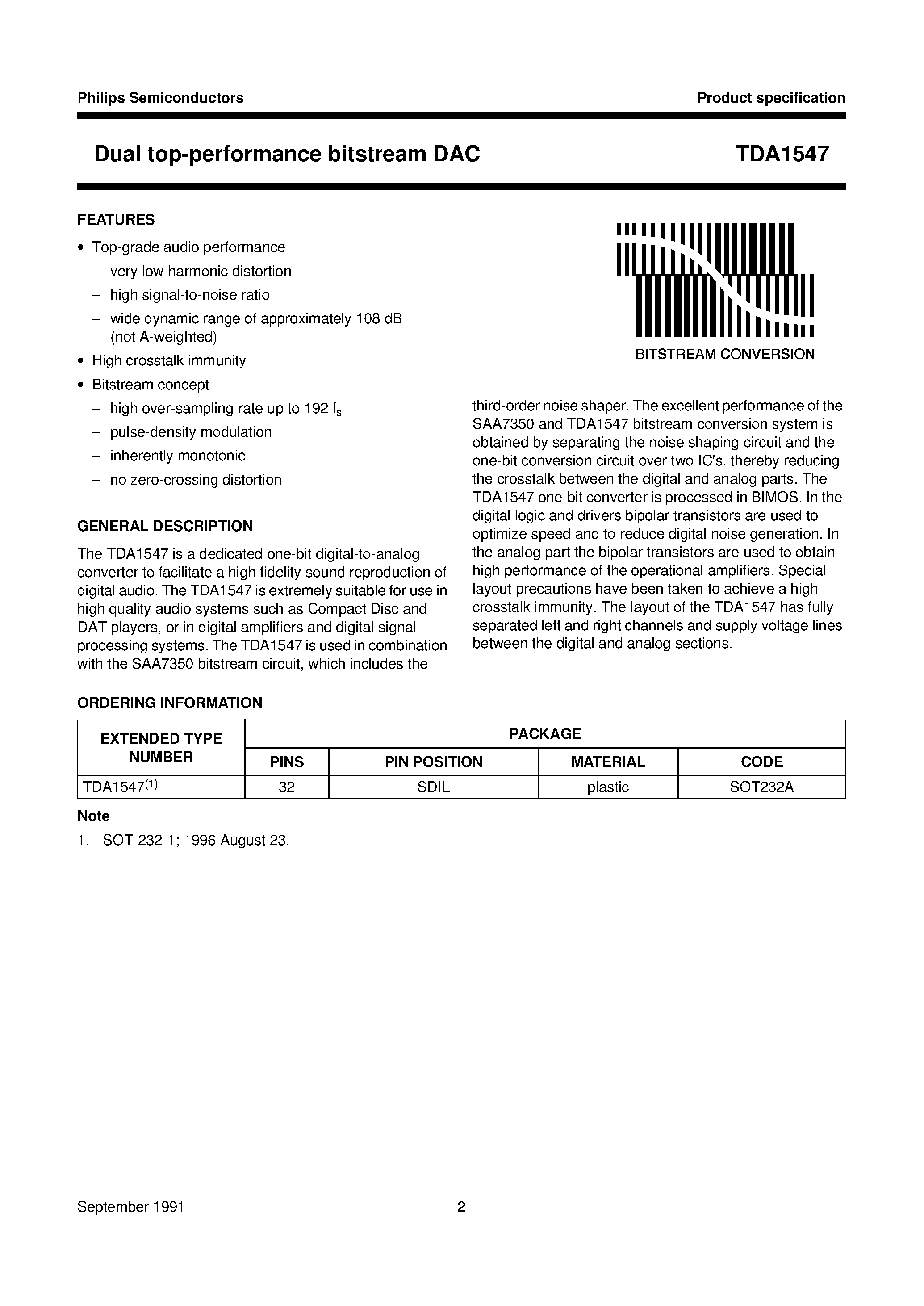 Datasheet TDA1547 - Dual top-performance bitstream DAC page 2