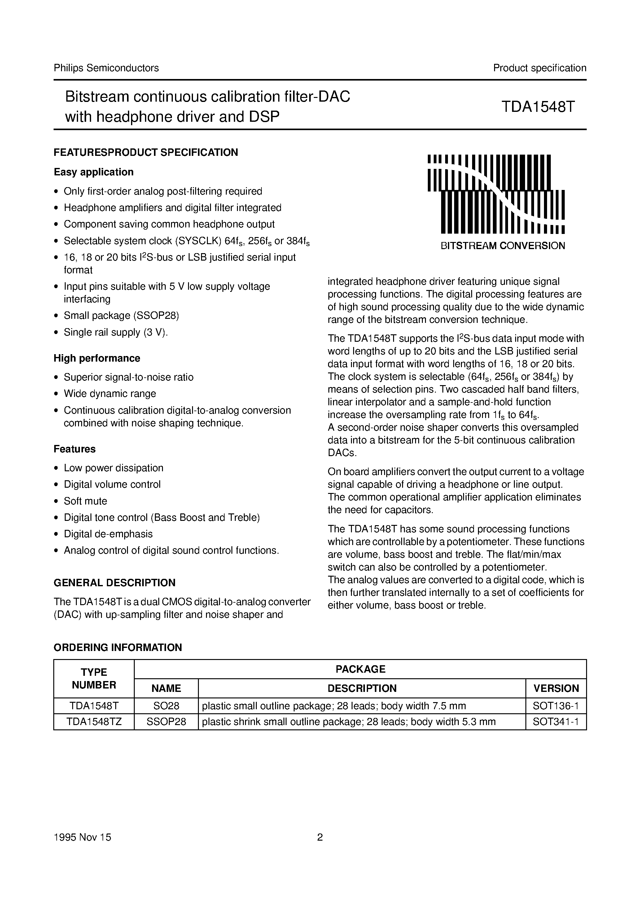 Datasheet TDA1548T - Bitstream continuous calibration filter-DAC with headphone driver and DSP page 2