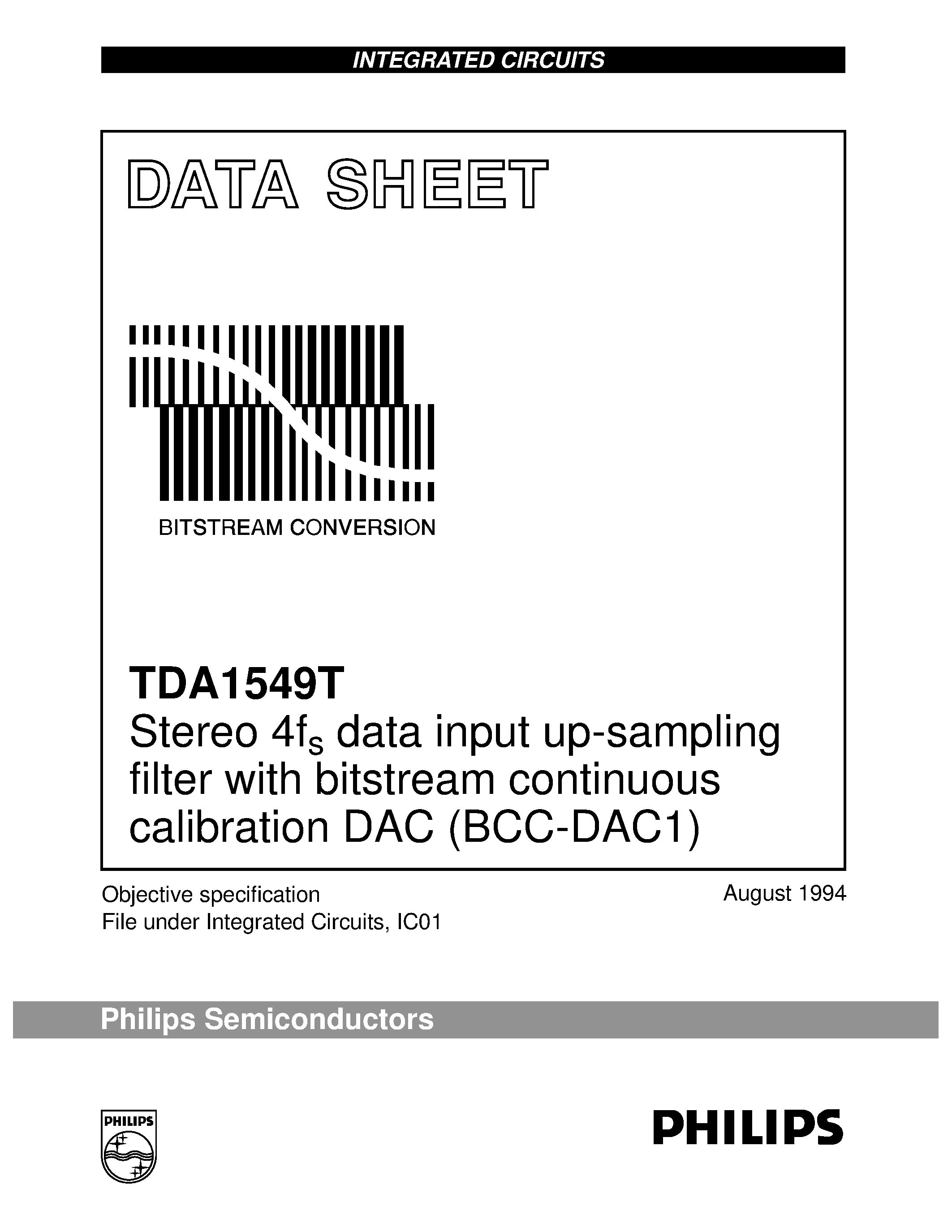 Datasheet TDA1549T - Stereo 4fs data input up-sampling filter with bitstream continuous calibration DAC BCC-DAC1 page 1