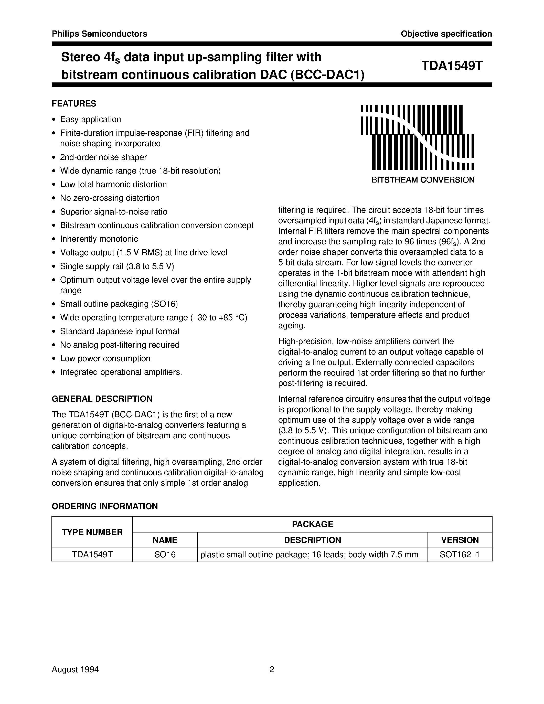 Datasheet TDA1549T - Stereo 4fs data input up-sampling filter with bitstream continuous calibration DAC BCC-DAC1 page 2