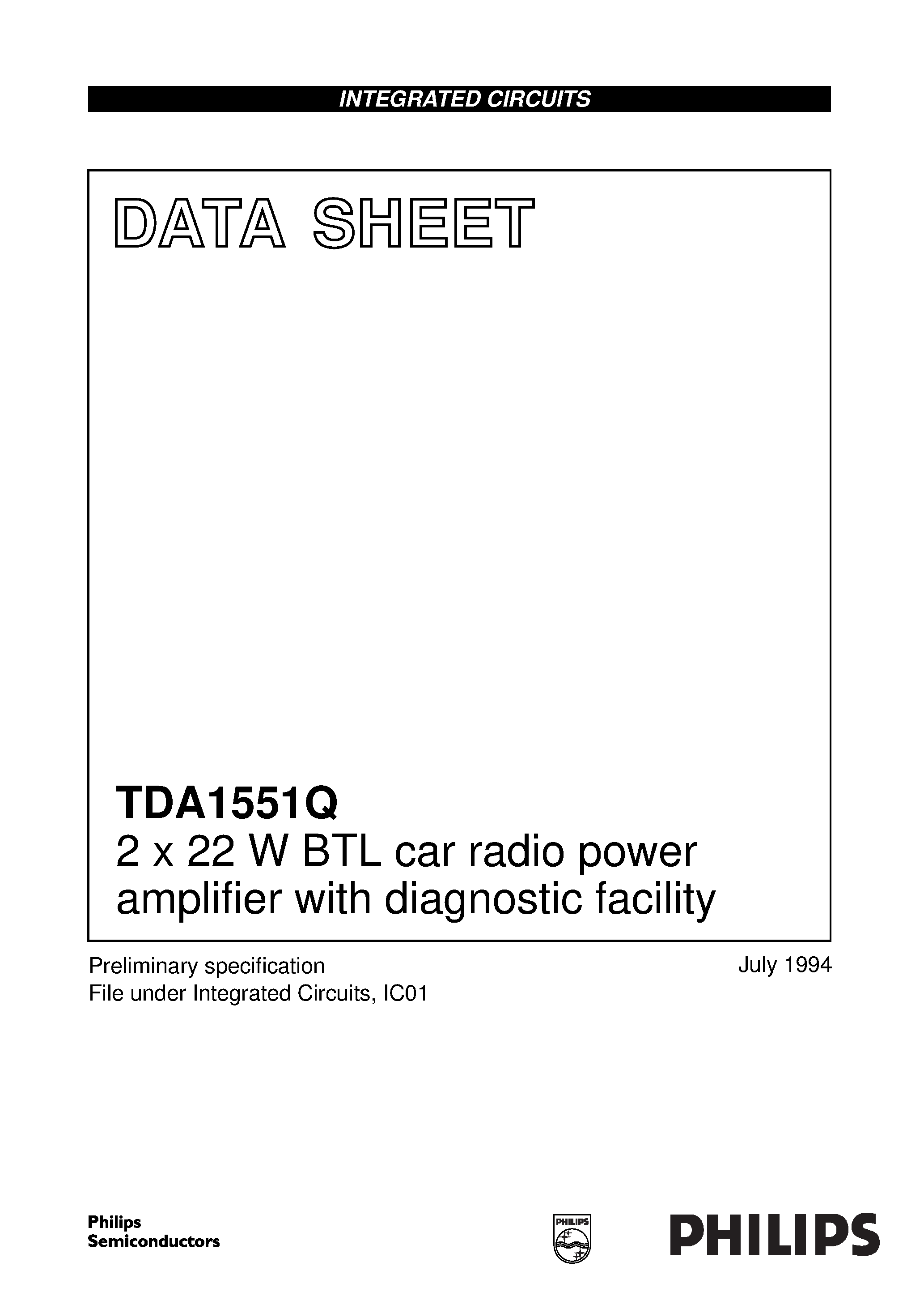 Даташит TDA1551Q - 2 x 22 W BTL car radio power amplifier with diagnostic facility страница 1