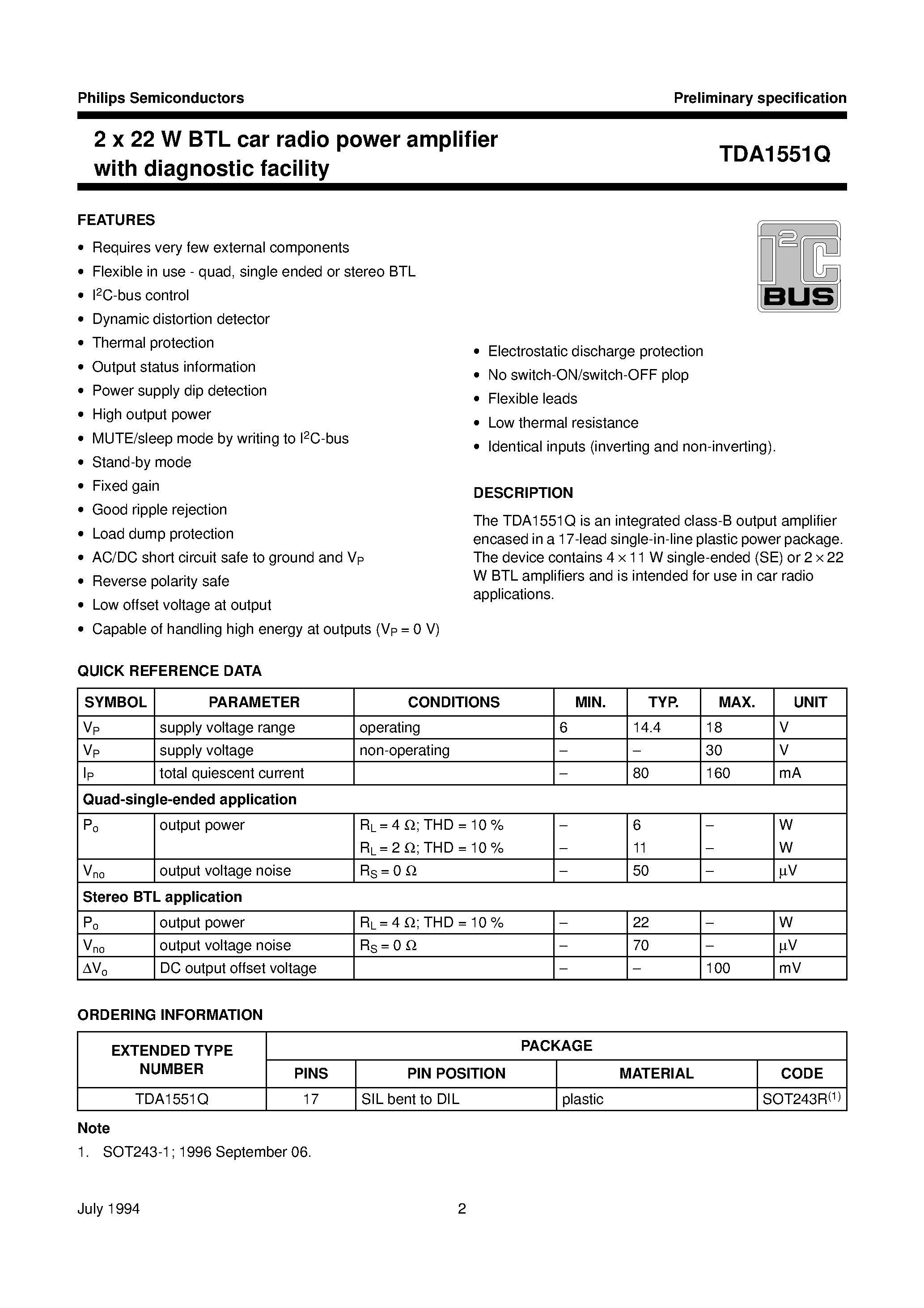 Даташит TDA1551Q - 2 x 22 W BTL car radio power amplifier with diagnostic facility страница 2