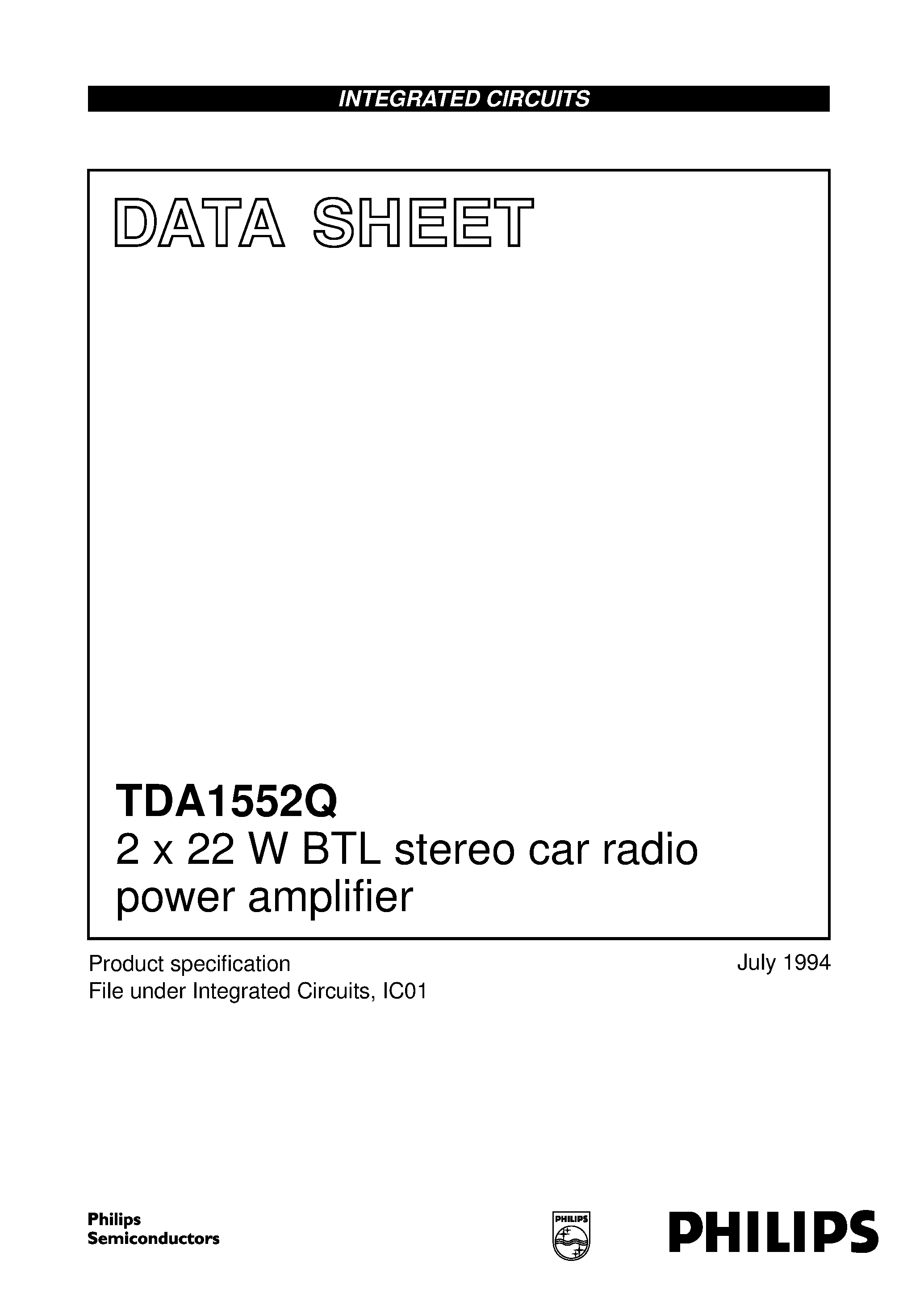 Даташит TDA1552 - 2 x 22 W BTL stereo car radio power amplifier страница 1