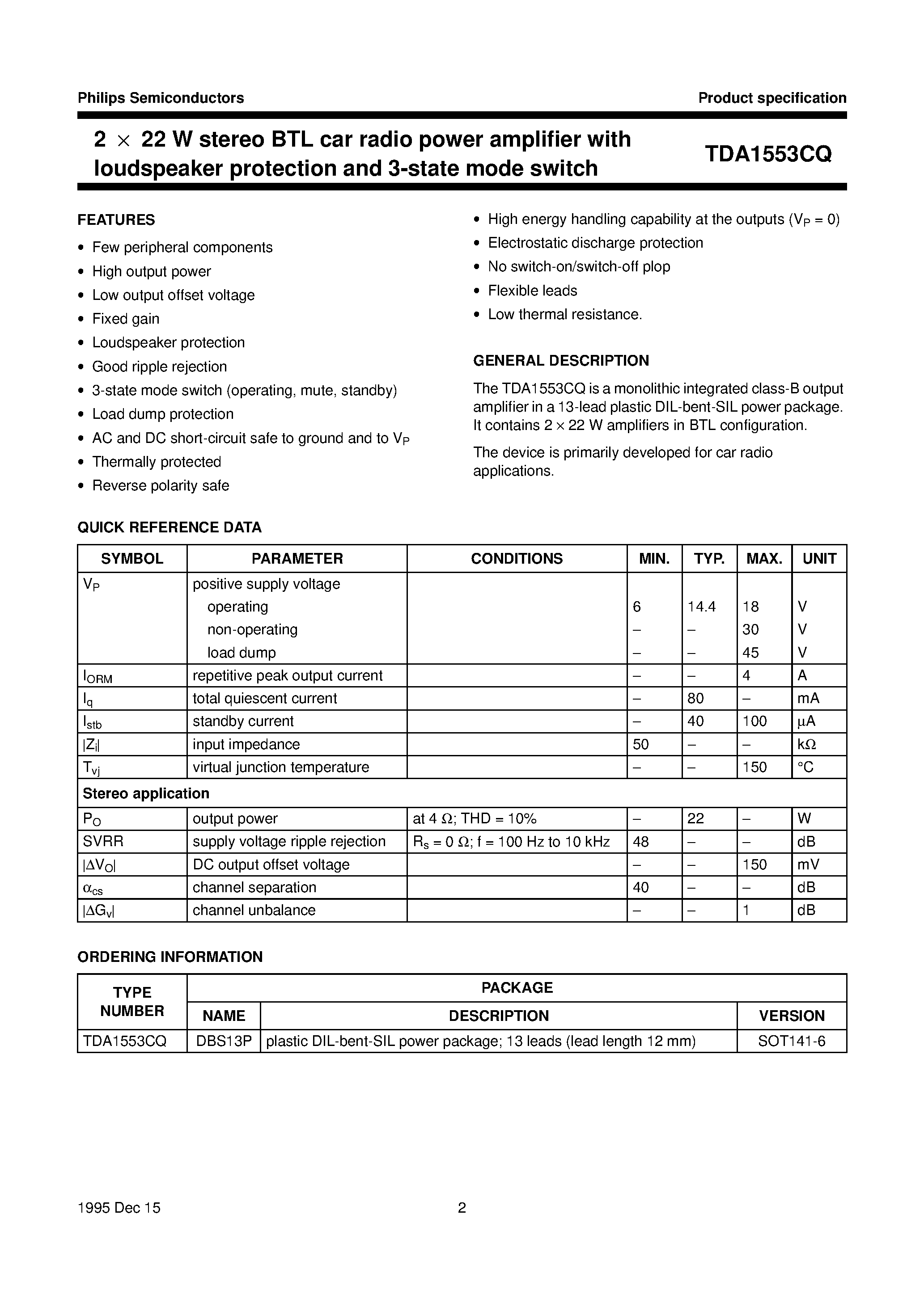 Даташит TDA1553CQ - 2 x 22 W stereo BTL car radio power amplifier with loudspeaker protection and 3-state mode switch страница 2