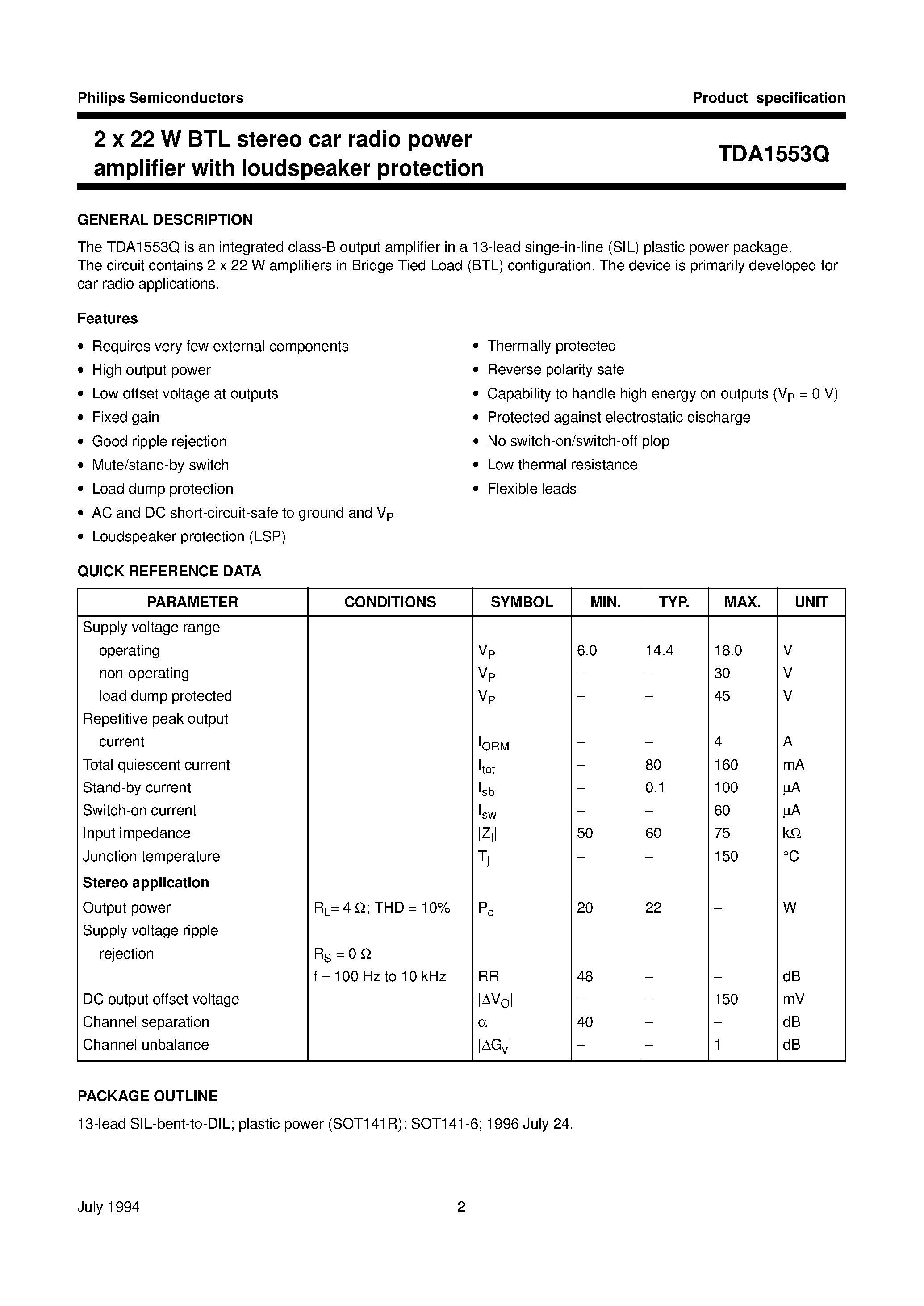 Даташит TDA1553Q - 2 x 22 W BTL stereo car radio power amplifier with loudspeaker protection страница 2