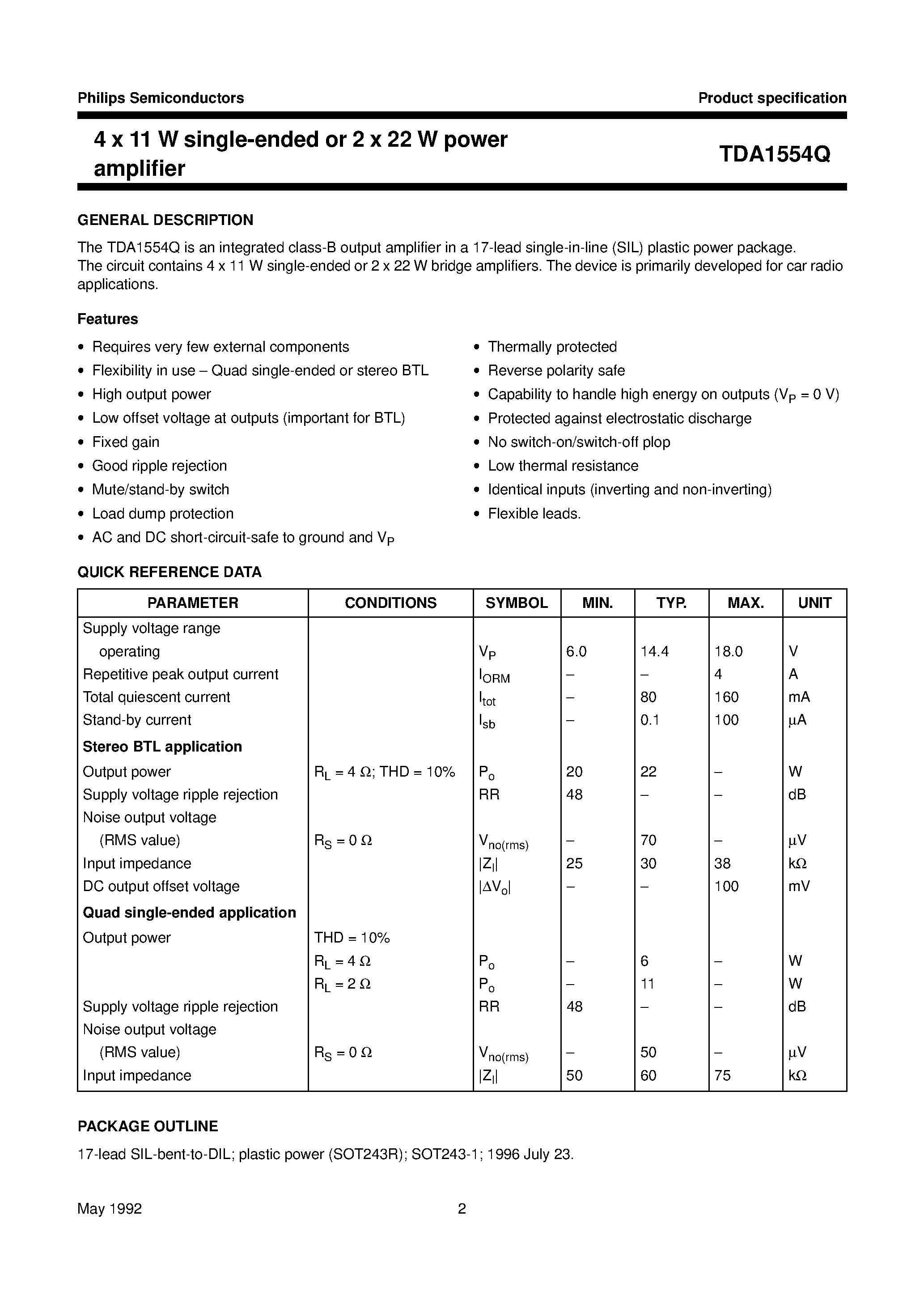 Даташит TDA1554Q - 4 x 11 W single-ended or 2 x 22 W power amplifier страница 2