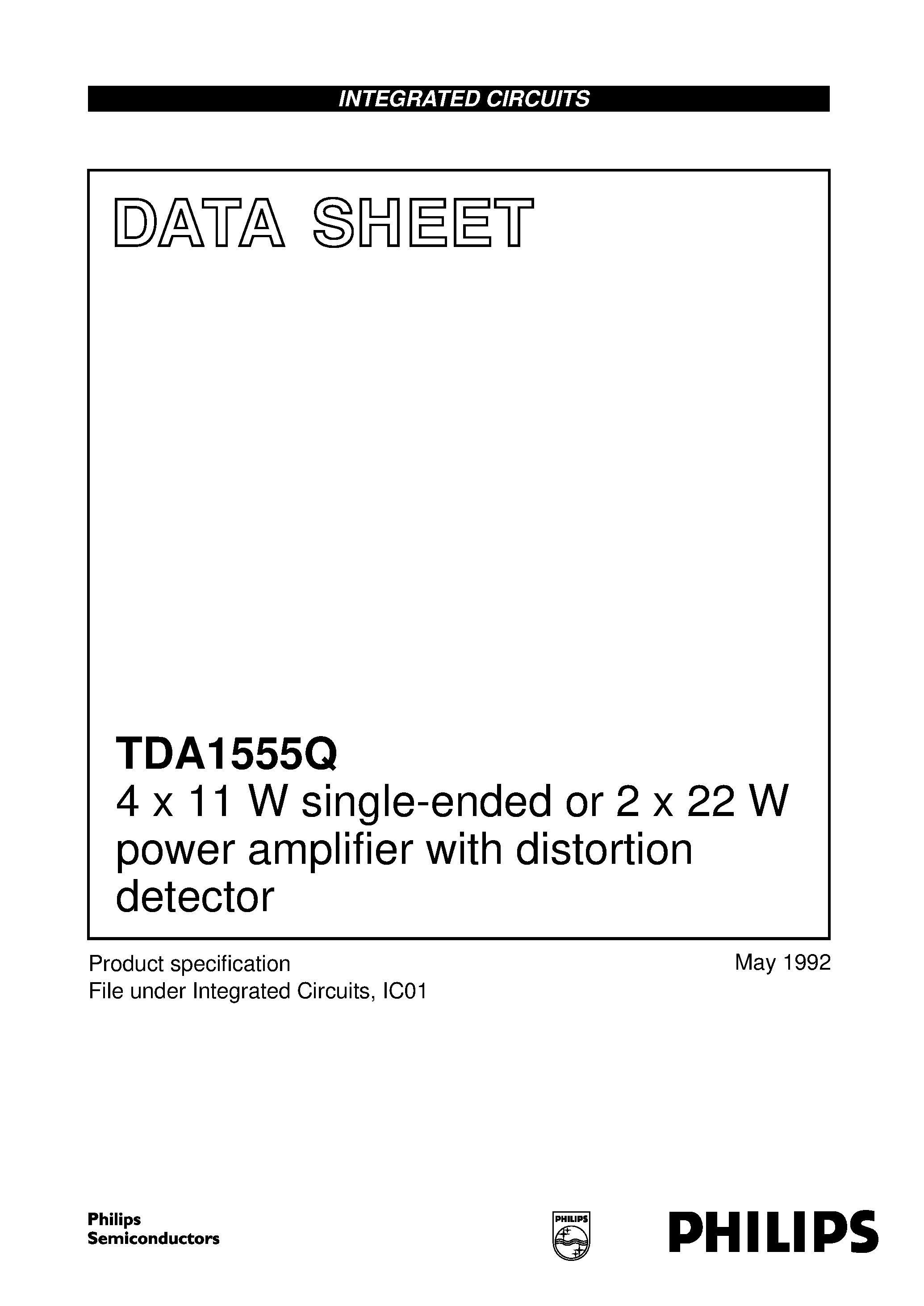 Даташит TDA1555 - 4 x 11 W single-ended or 2 x 22 W power amplifier with distortion detector страница 1