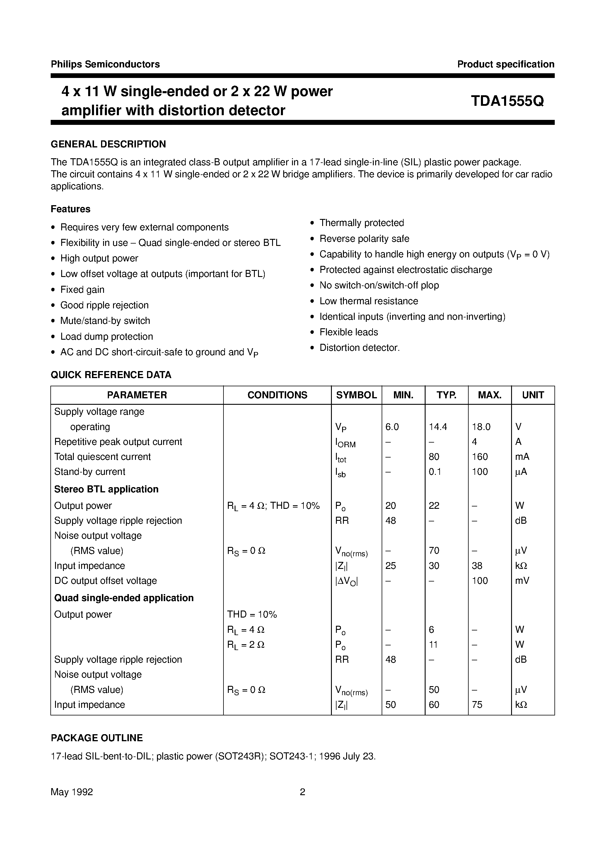 Даташит TDA1555Q - 4 x 11 W single-ended or 2 x 22 W power amplifier with distortion detector страница 2