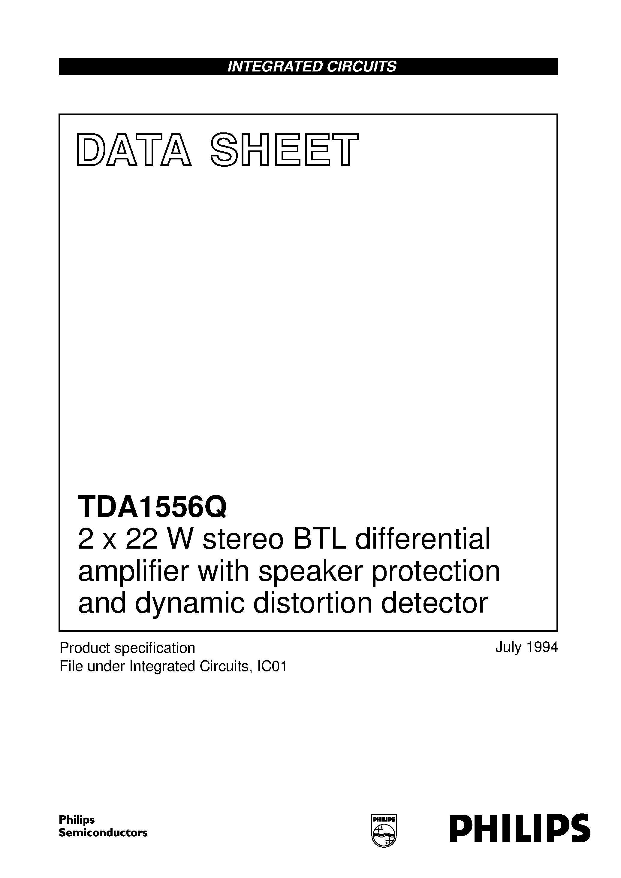 Даташит TDA1556 - 2 x 22 W stereo BTL differential amplifier with speaker protection and dynamic distortion detector страница 1