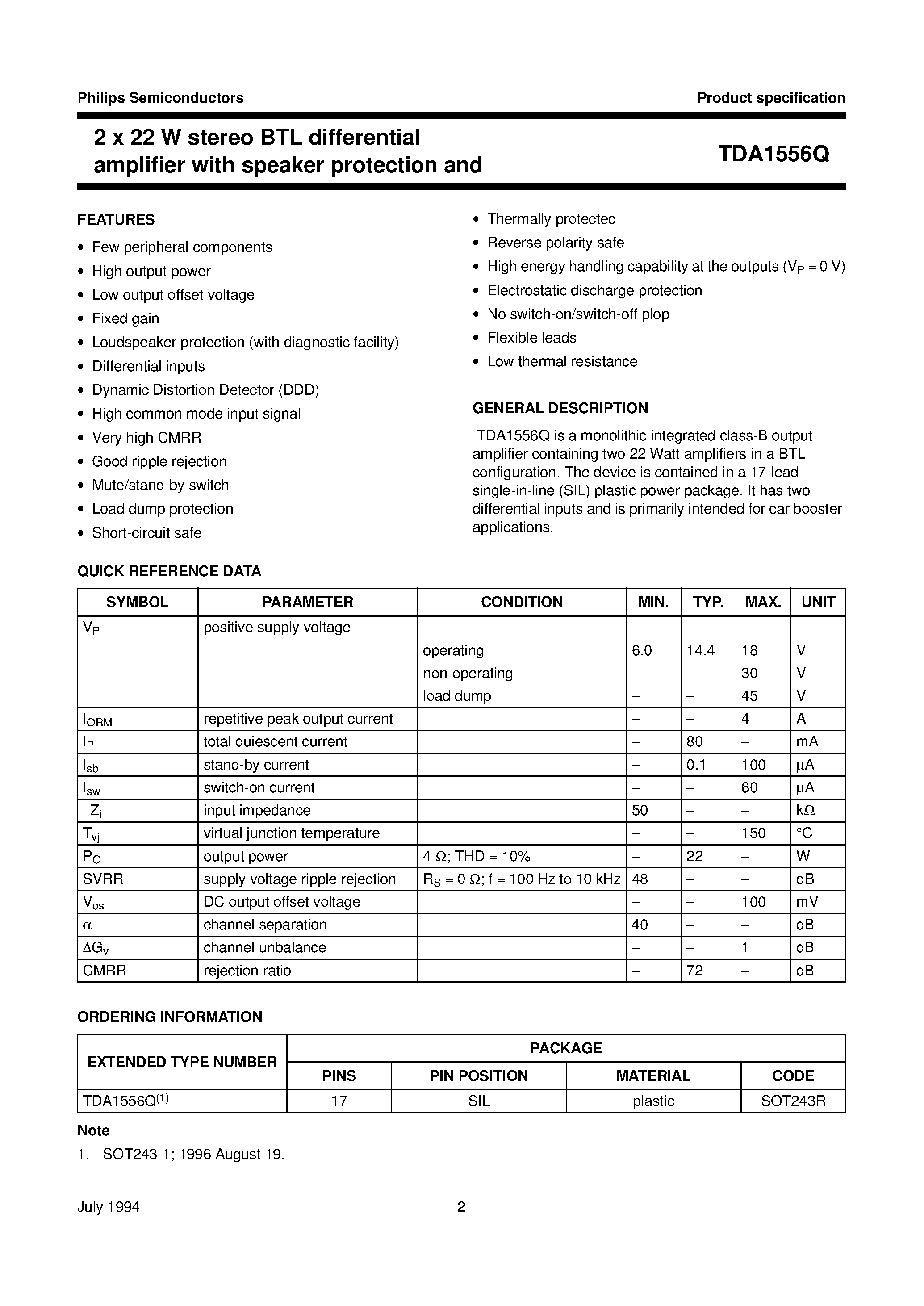 Даташит TDA1556Q - 2 x 22 W stereo BTL differential amplifier with speaker protection and dynamic distortion detector страница 2