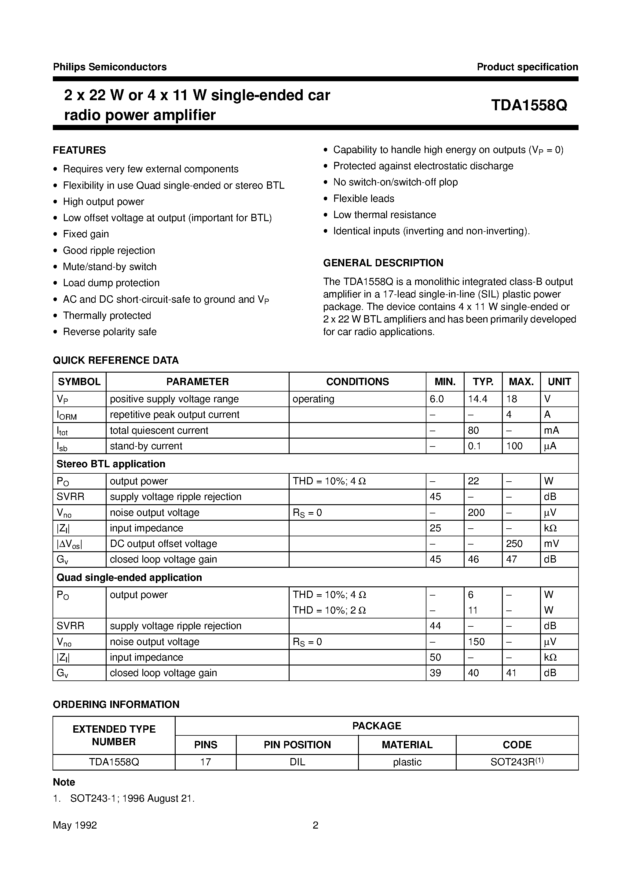 Даташит TDA1558Q - 2 x 22 W or 4 x 11 W single-ended car radio power amplifier страница 2