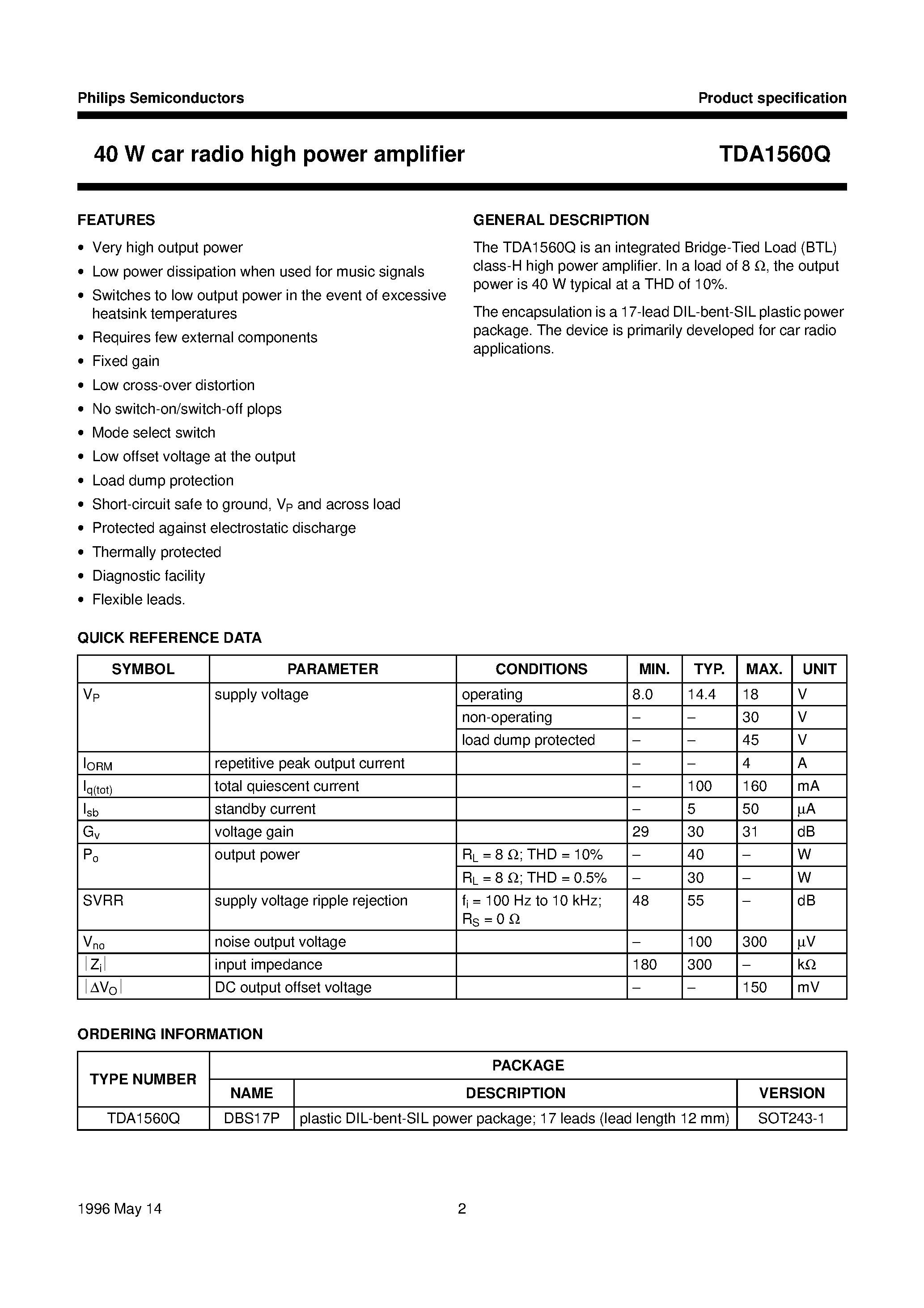 Datasheet TDA1560 - 40 W car radio high power amplifier page 2