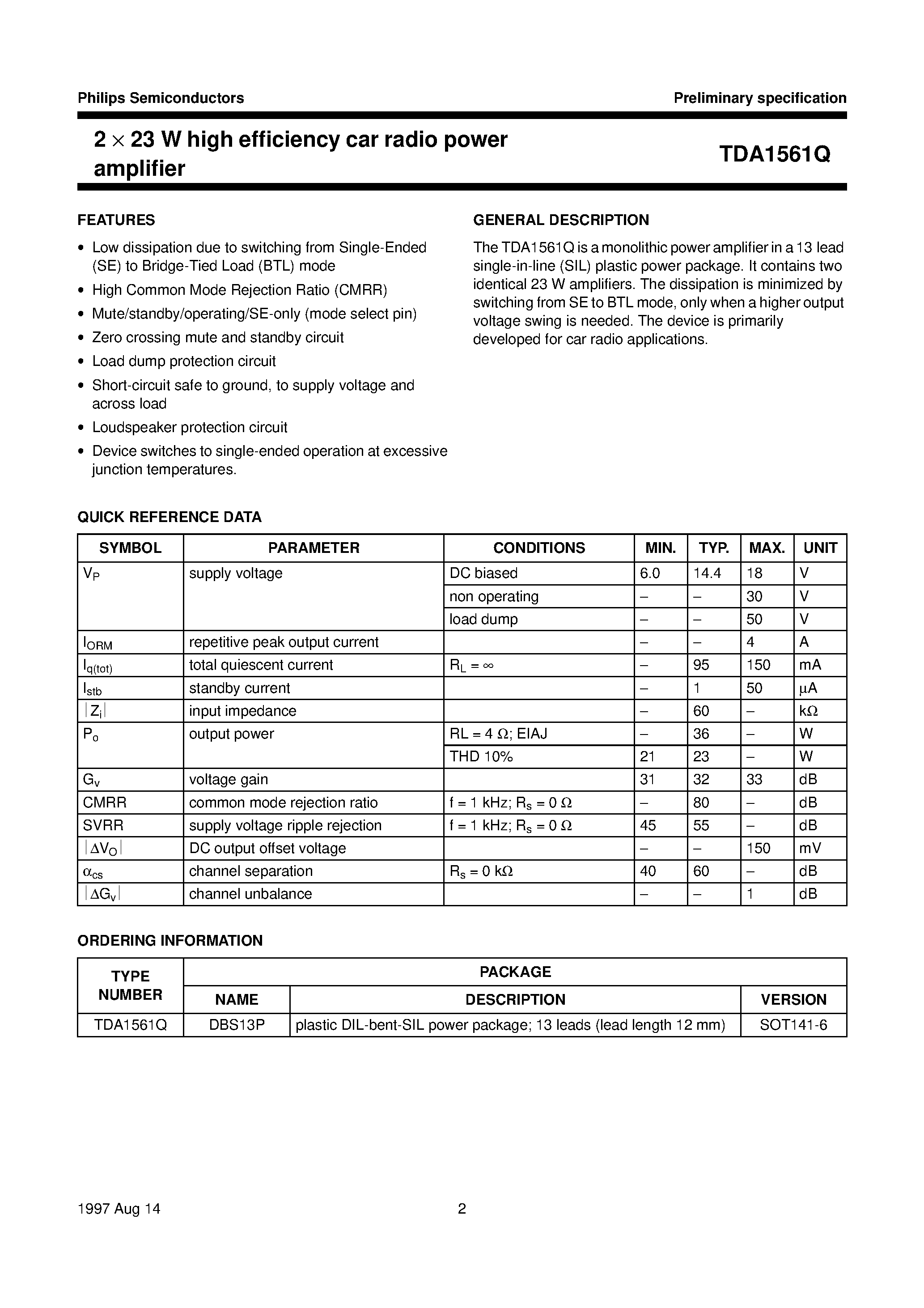 Даташит TDA1561Q - 2 x 23 W high efficiency car radio power amplifier страница 2