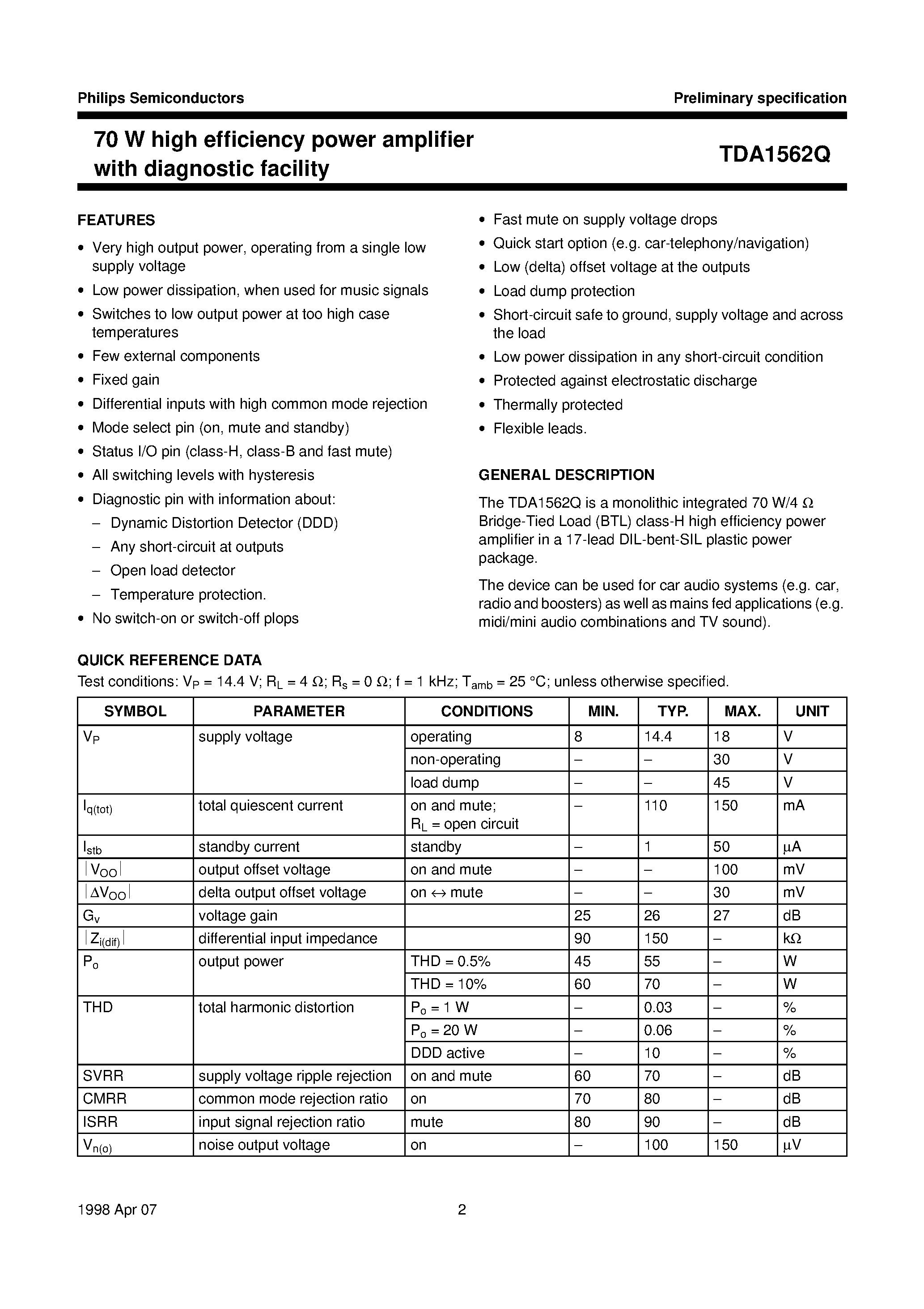 Datasheet TDA1562Q - 70 W high efficiency power amplifier with diagnostic facility page 2