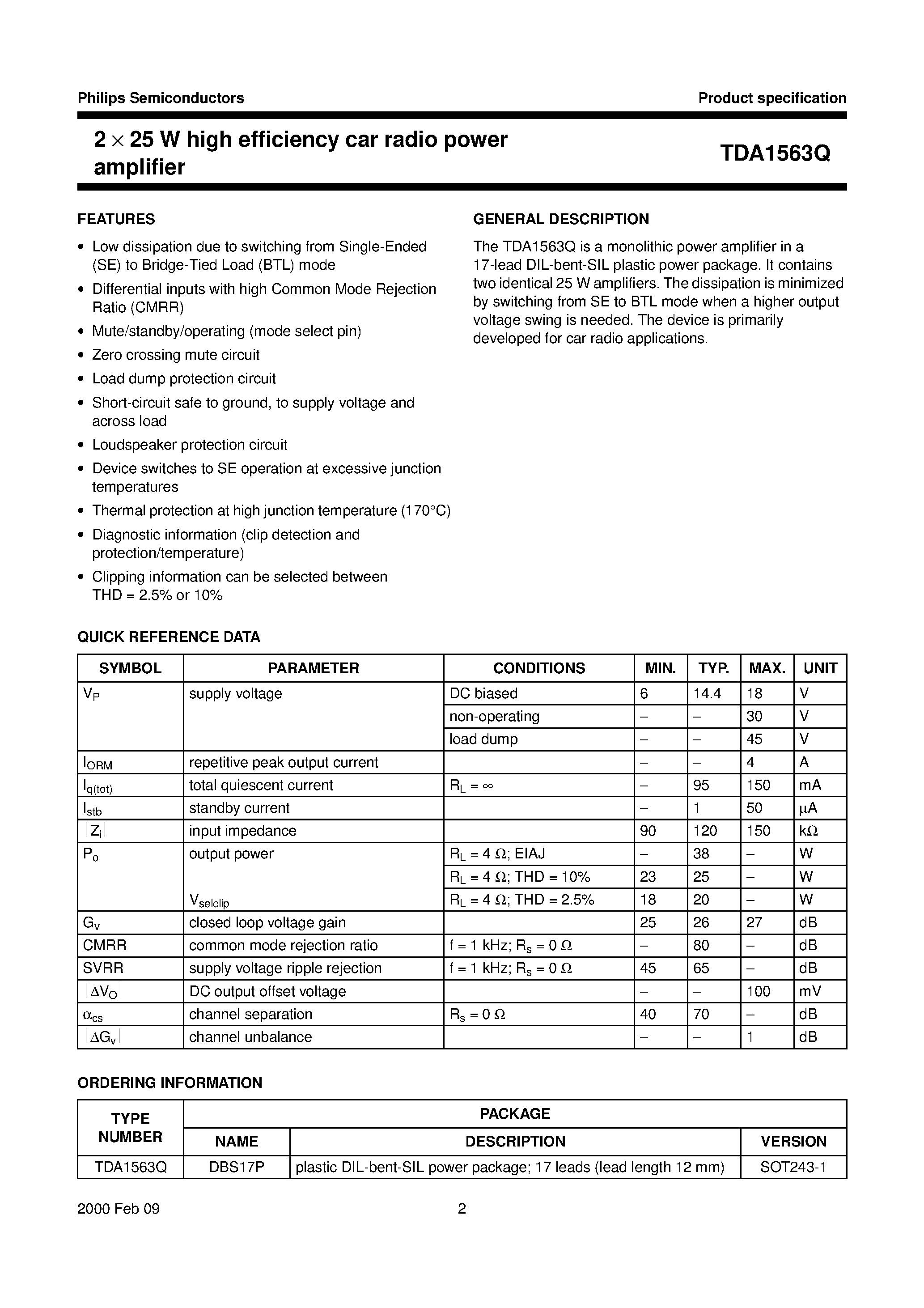 Даташит TDA1563Q - 2 x 25 W high efficiency car radio power amplifier страница 2