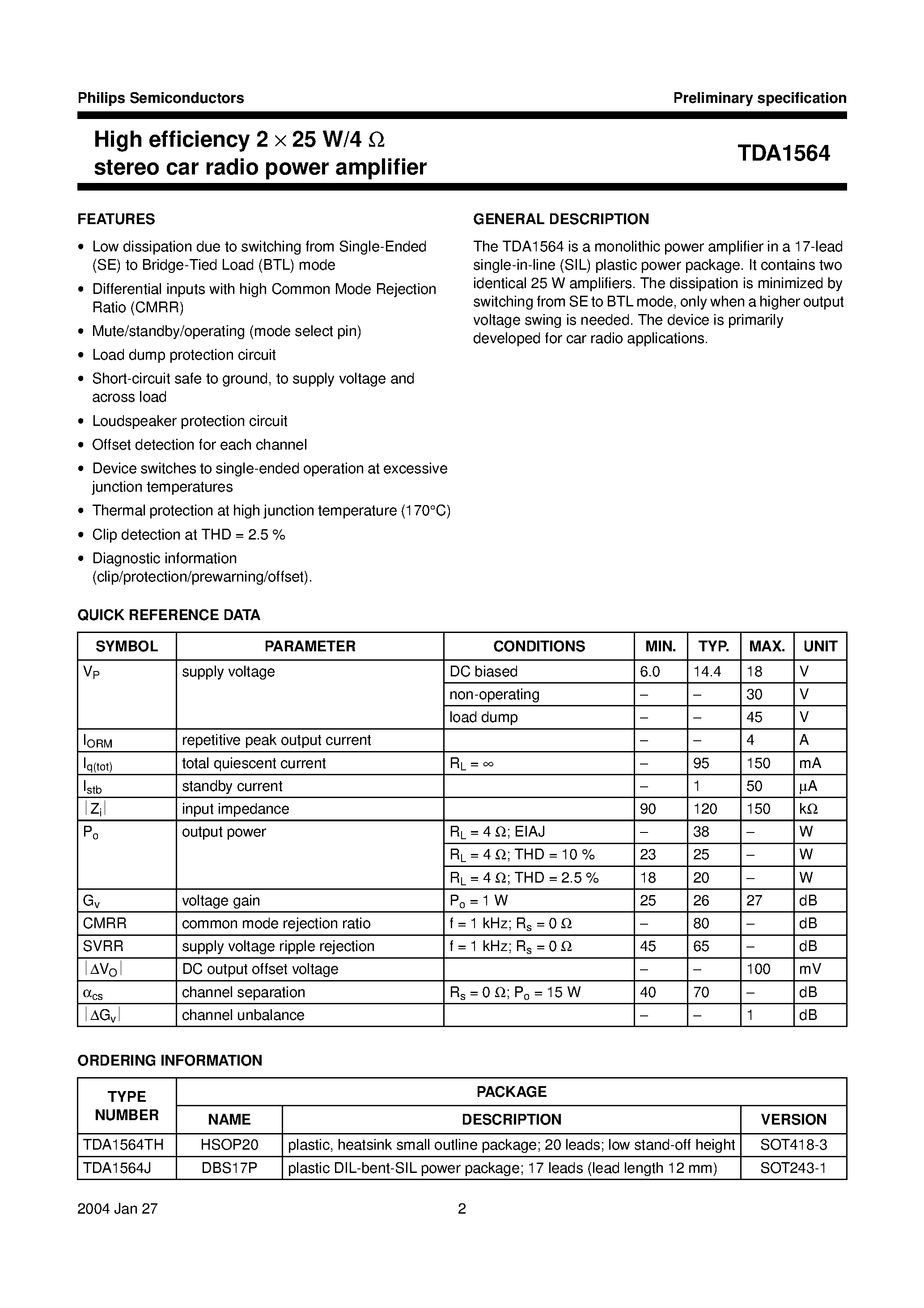 Даташит TDA1564 - High efficiency 2 X 25 W/4 stereo car radio power amplifier страница 2