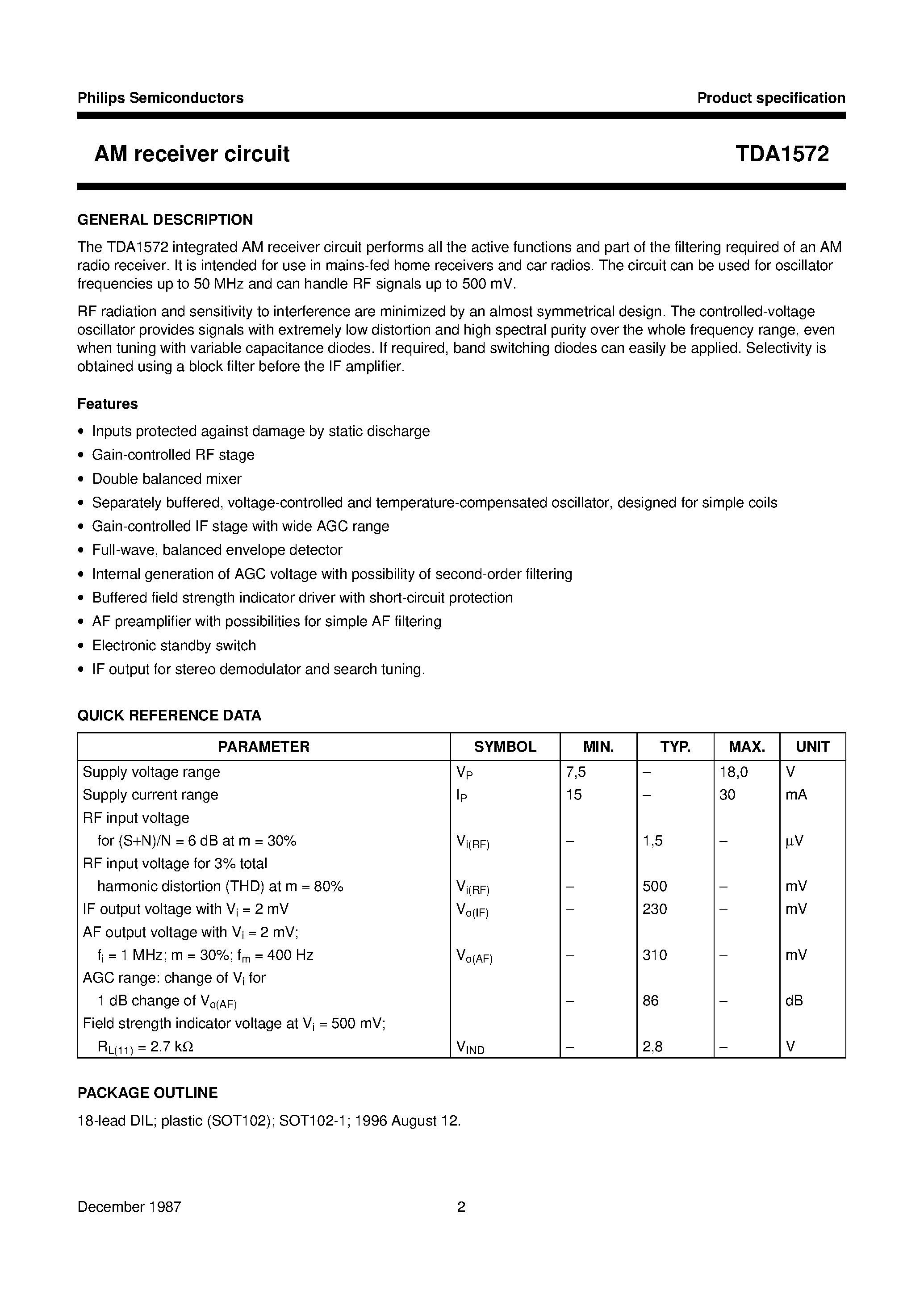 Datasheet TDA1572 - AM receiver circuit page 2