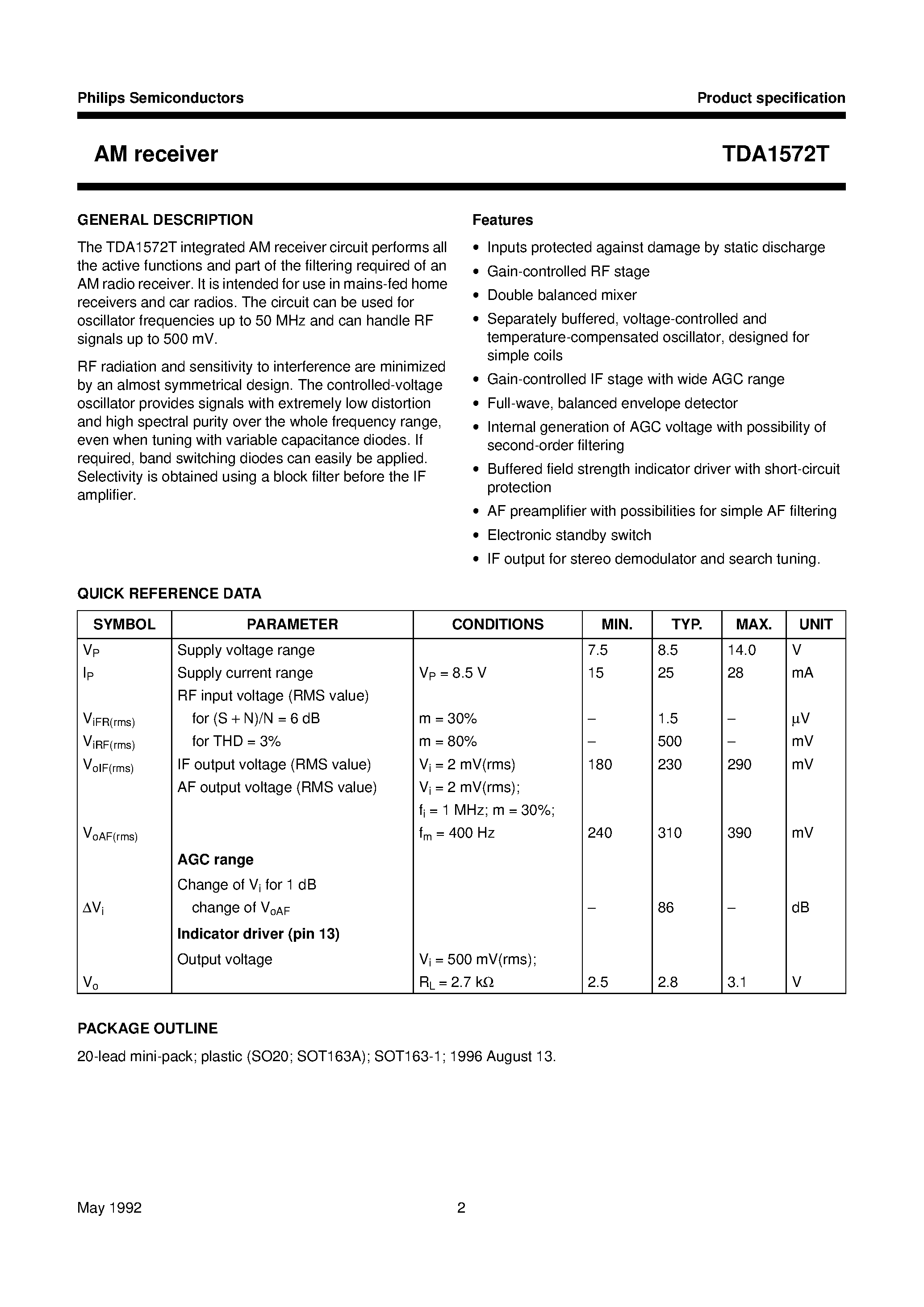 Datasheet TDA1572T - AM receiver page 2