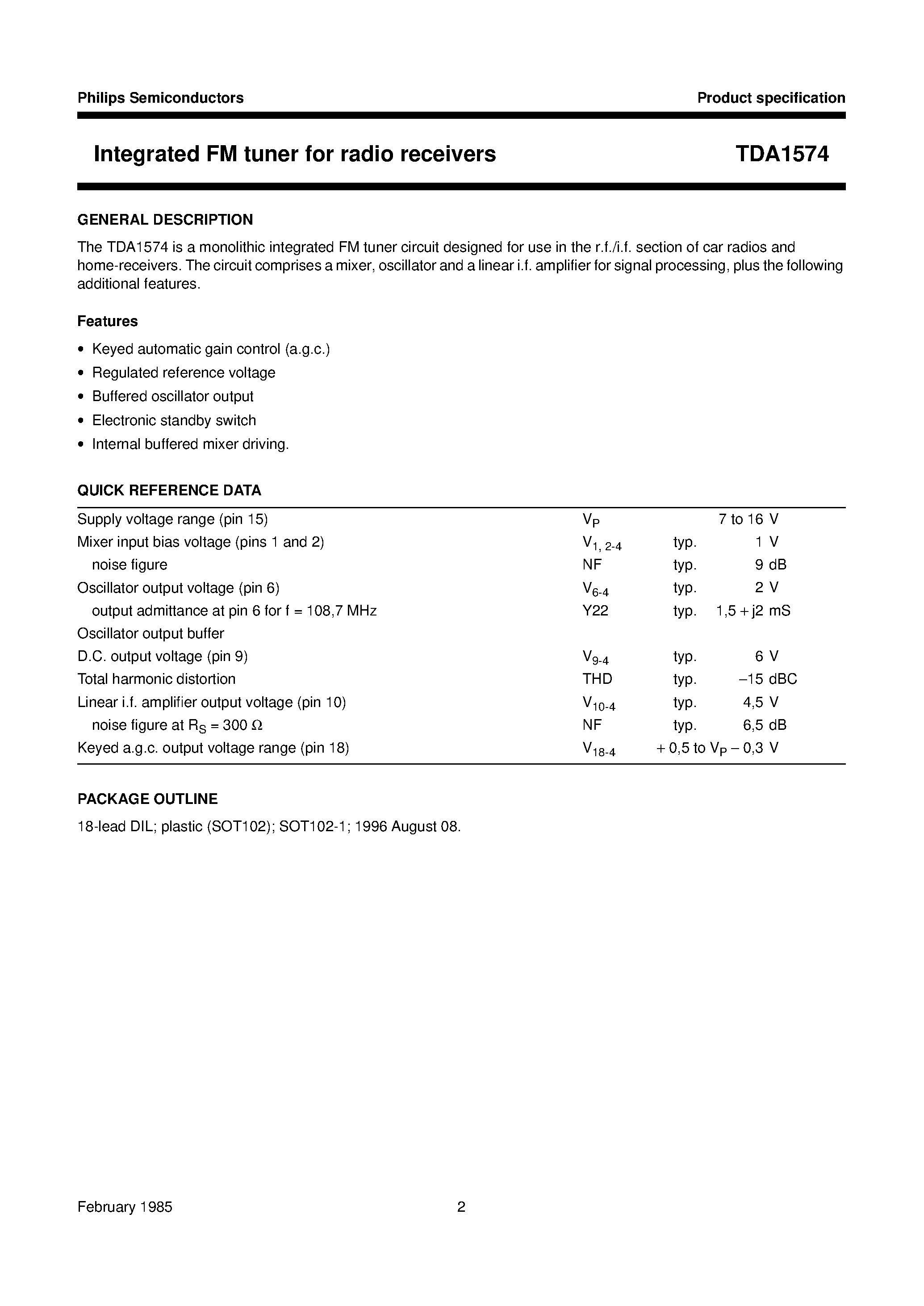 Datasheet TDA1574 - Integrated FM tuner for radio receivers page 2