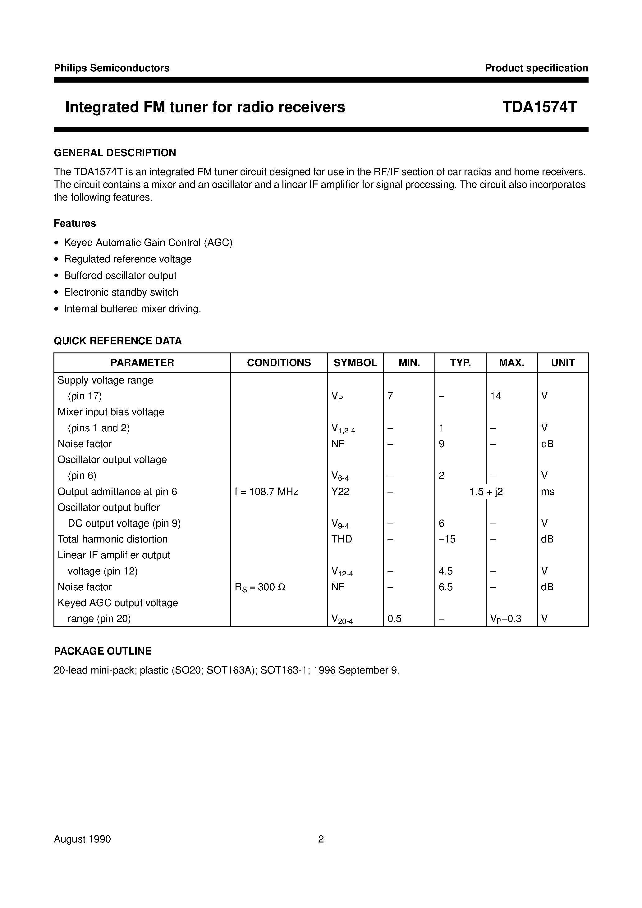 Datasheet TDA1574T - Integrated FM tuner for radio receivers page 2