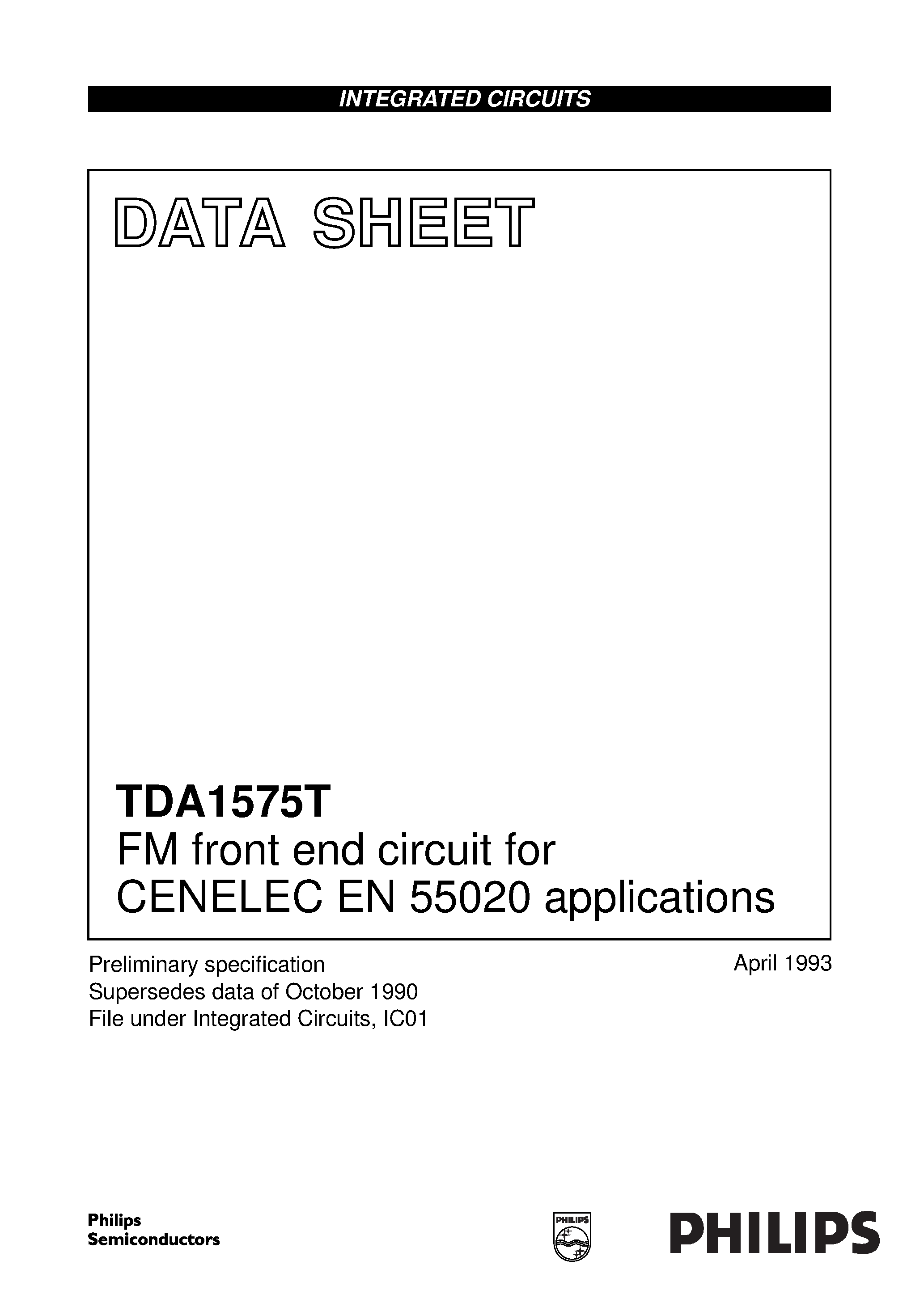 Datasheet TDA1575 - FM front end circuit for CENELEC EN 55020 applications page 1