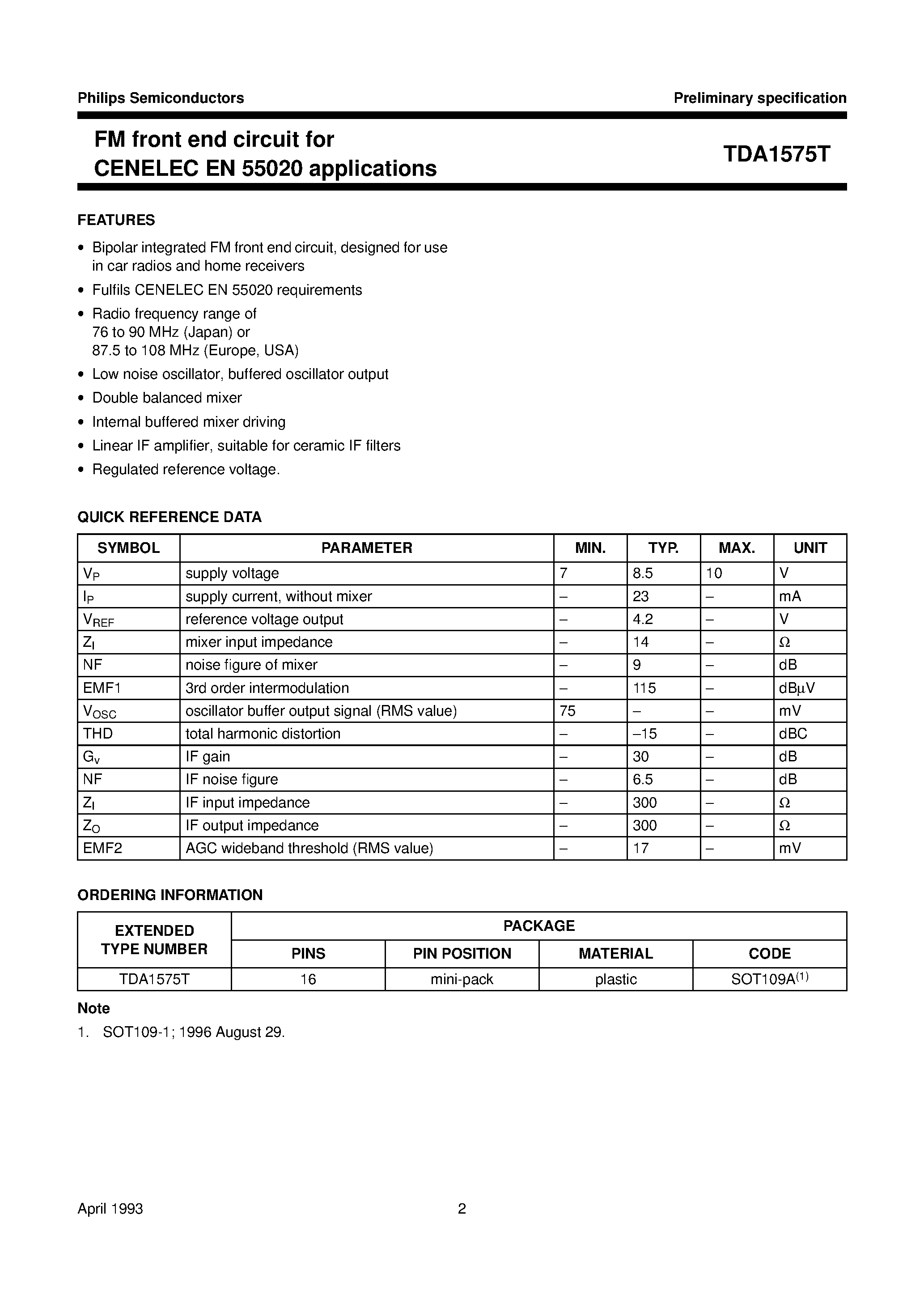 Datasheet TDA1575 - FM front end circuit for CENELEC EN 55020 applications page 2