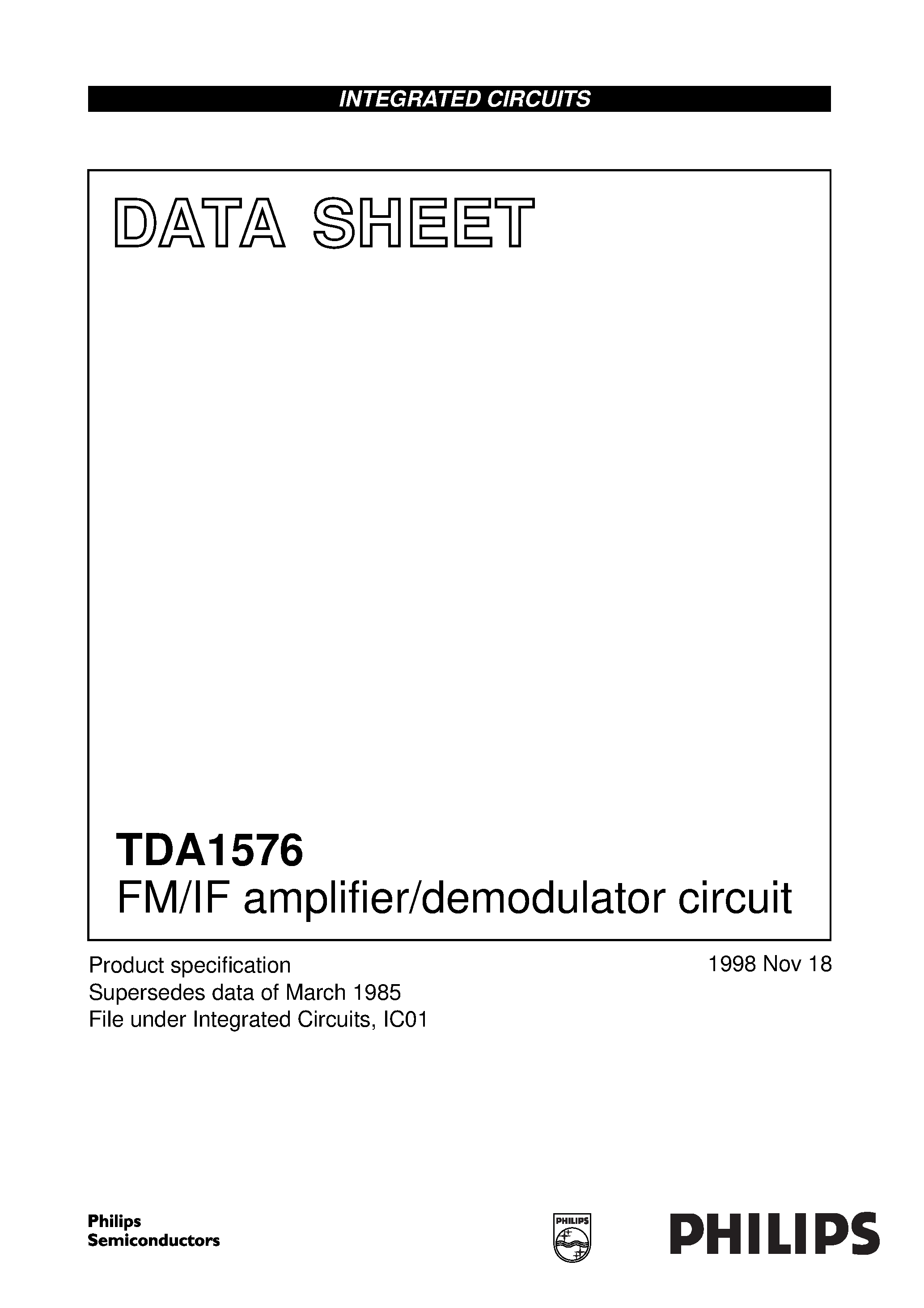 Datasheet TDA1576 - FM/IF amplifier/demodulator circuit page 1