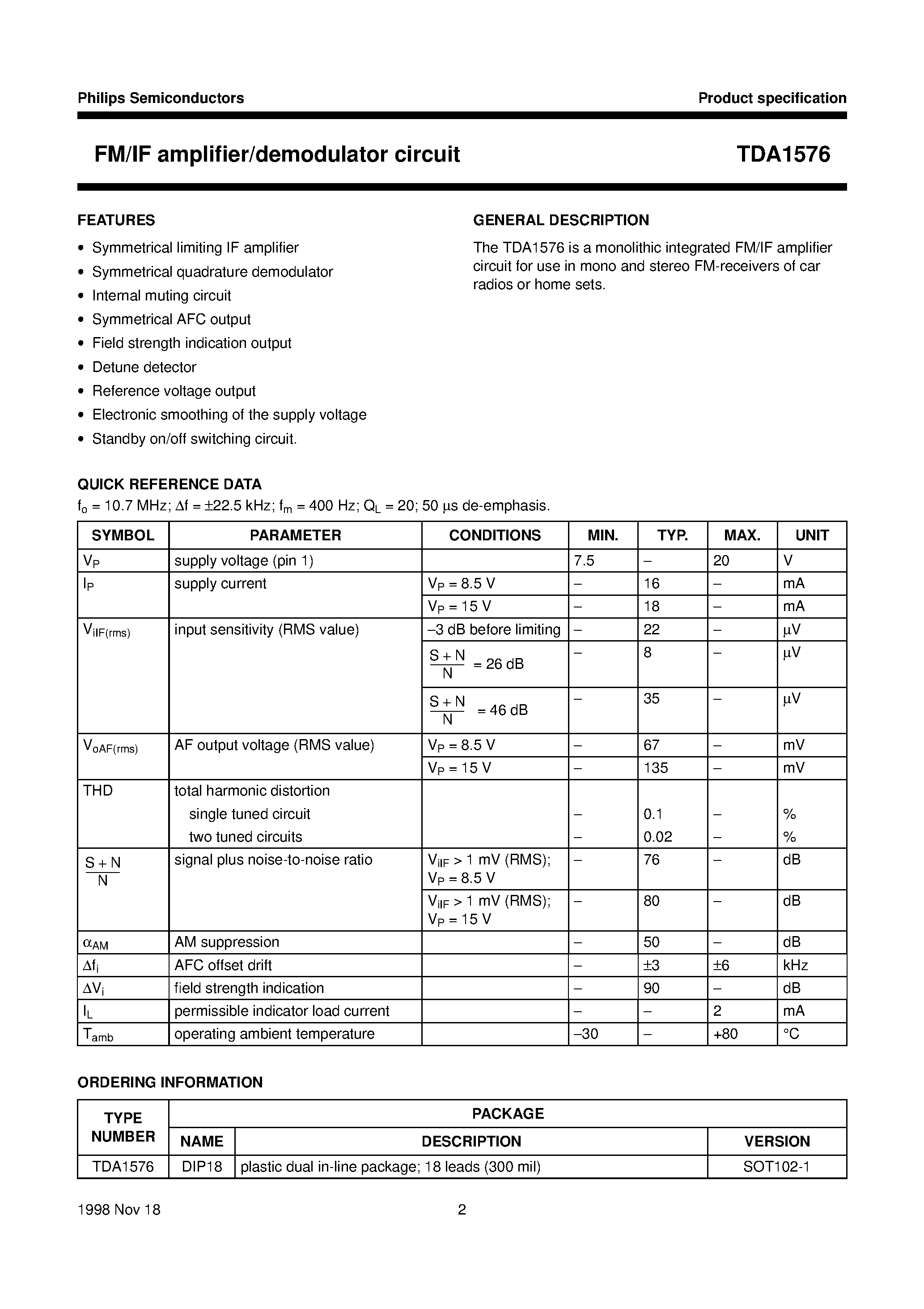 Datasheet TDA1576 - FM/IF amplifier/demodulator circuit page 2