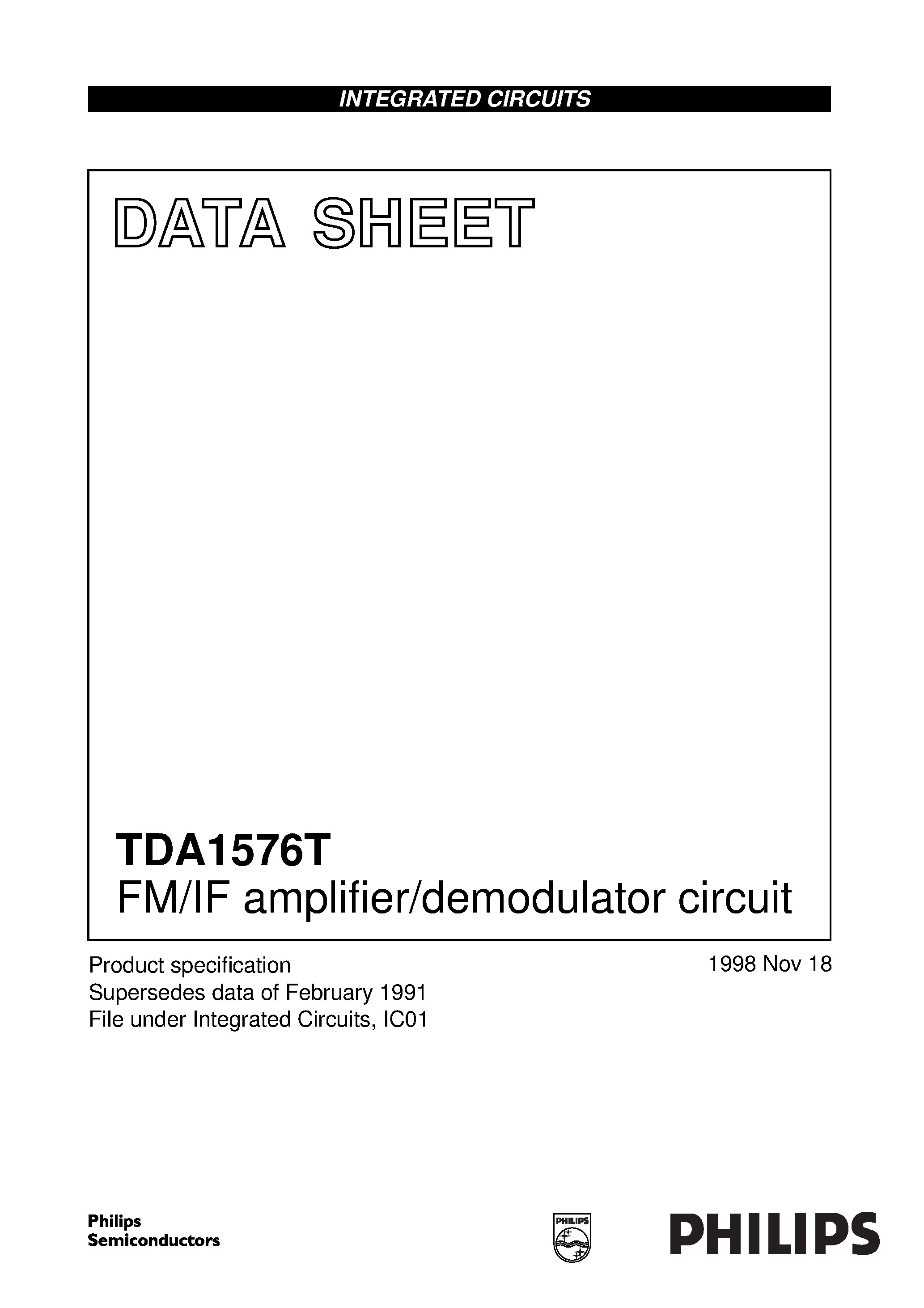 Datasheet TDA1576T - FM/IF amplifier/demodulator circuit page 1