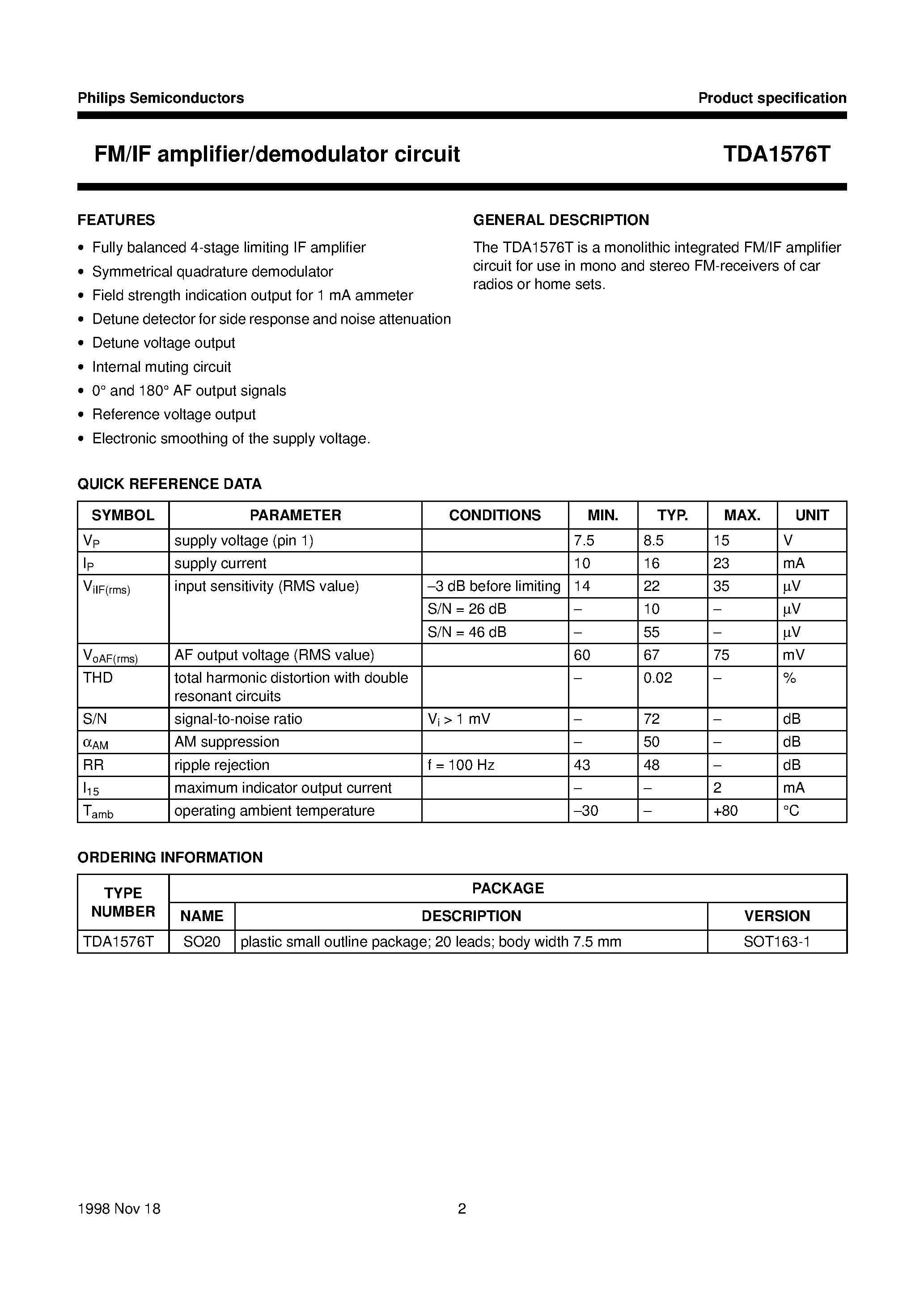 Datasheet TDA1576T - FM/IF amplifier/demodulator circuit page 2