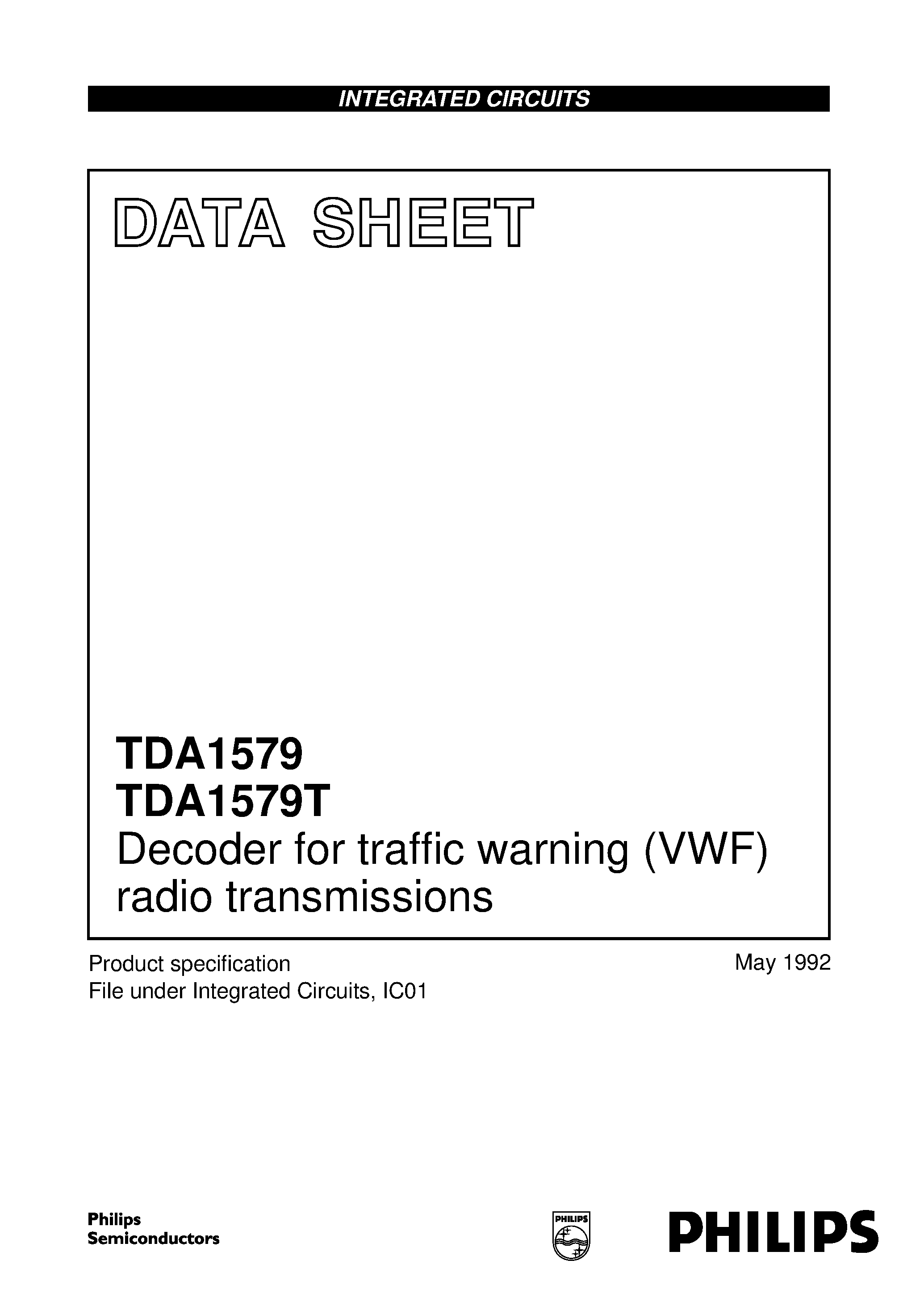 Datasheet TDA1579 - Decoder for traffic warning VWF radio transmissions page 1