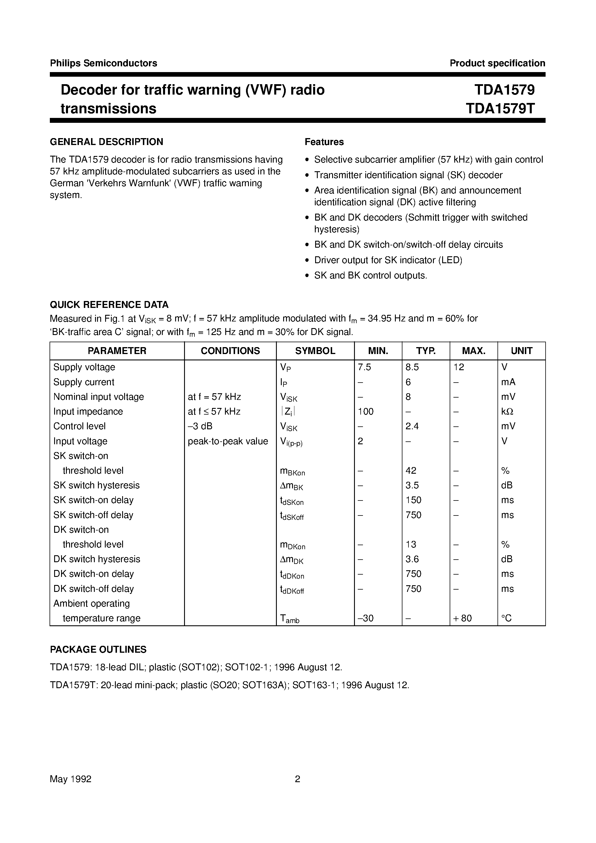 Datasheet TDA1579 - Decoder for traffic warning VWF radio transmissions page 2