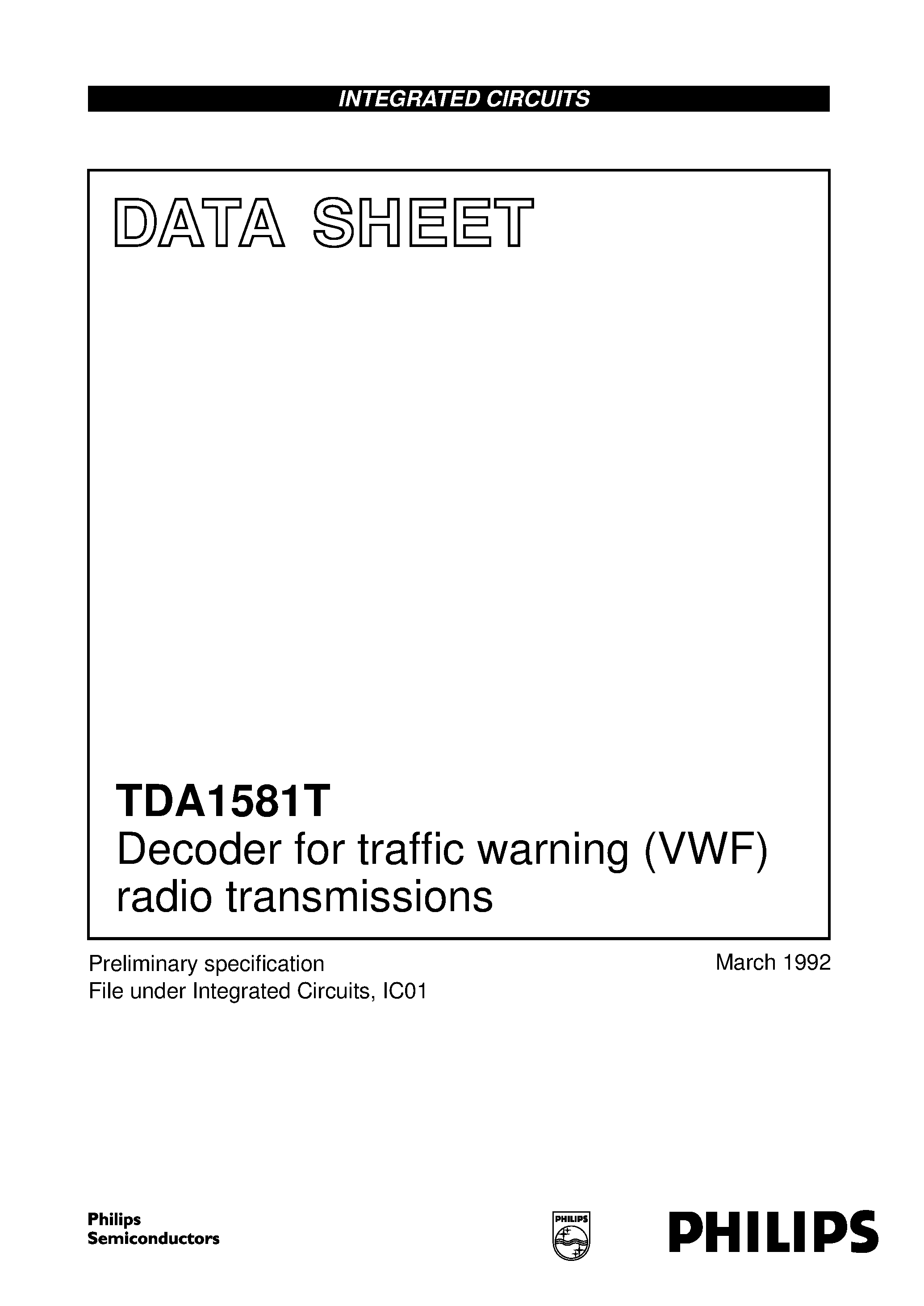 Datasheet TDA1581 - Decoder for traffic warning VWF radio transmissions page 1