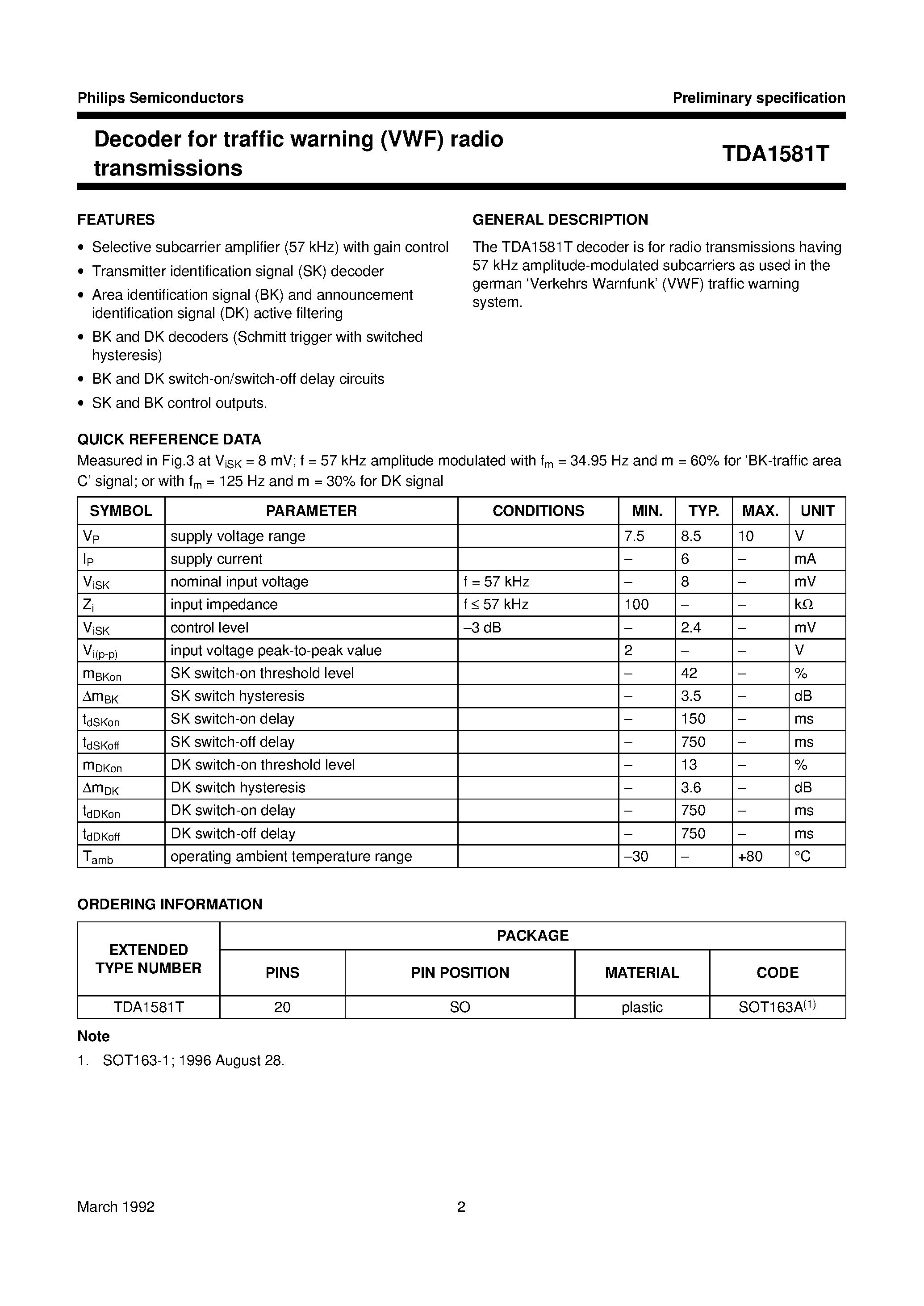 Datasheet TDA1581 - Decoder for traffic warning VWF radio transmissions page 2