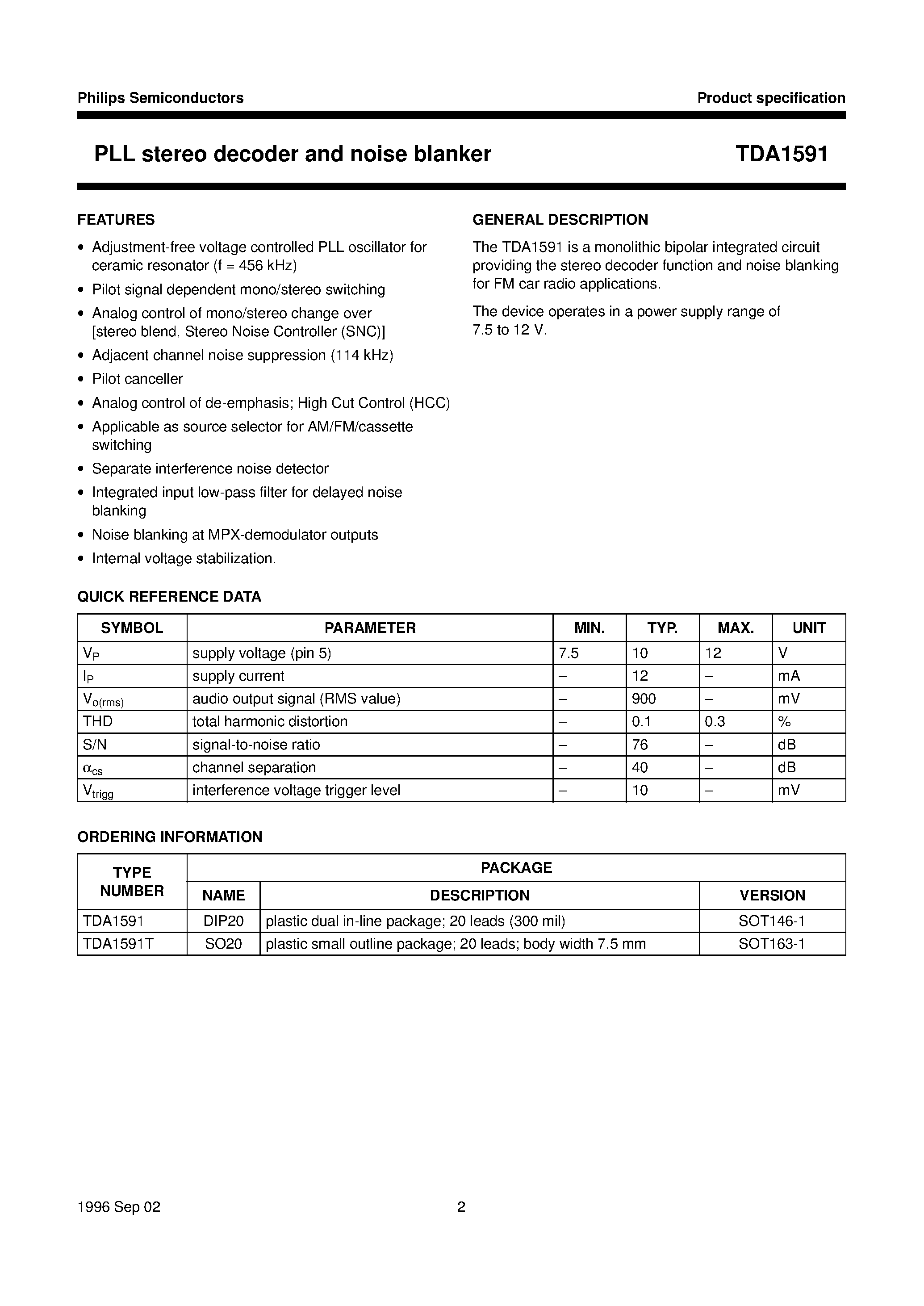 Datasheet TDA1591 - PLL stereo decoder and noise blanker page 2