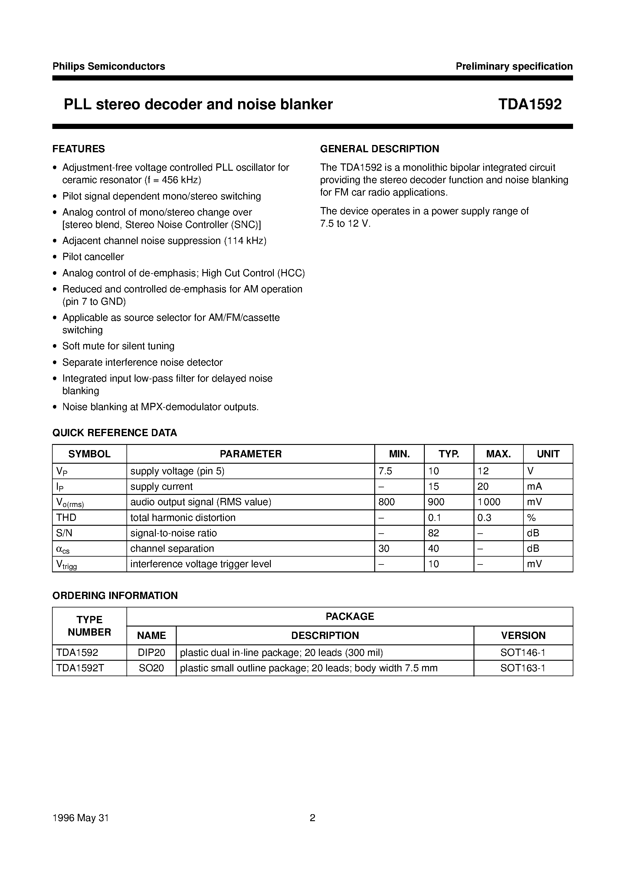 Datasheet TDA1592 - PLL stereo decoder and noise blanker page 2