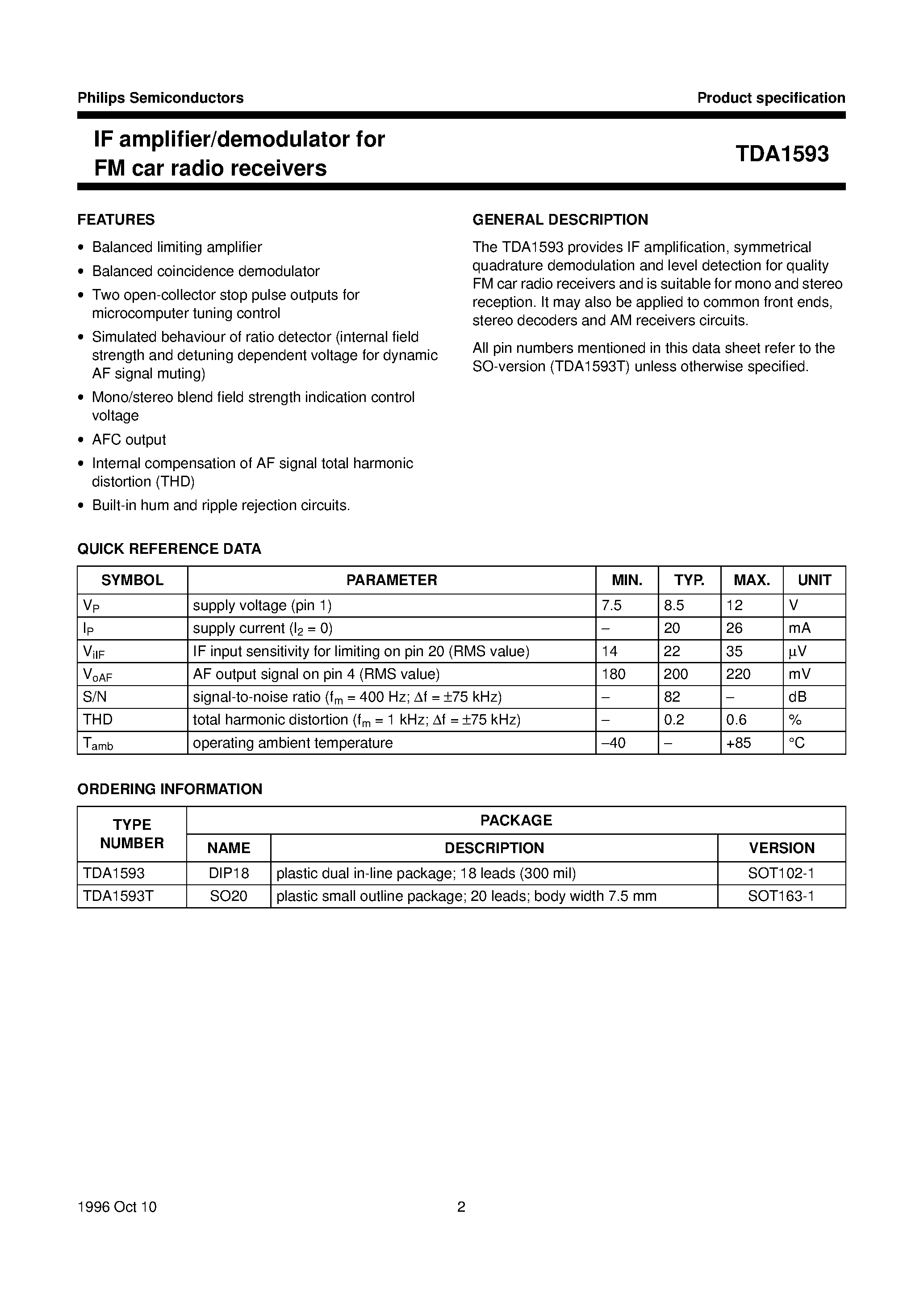 Datasheet TDA1593 - IF amplifier/demodulator for FM car radio receivers page 2