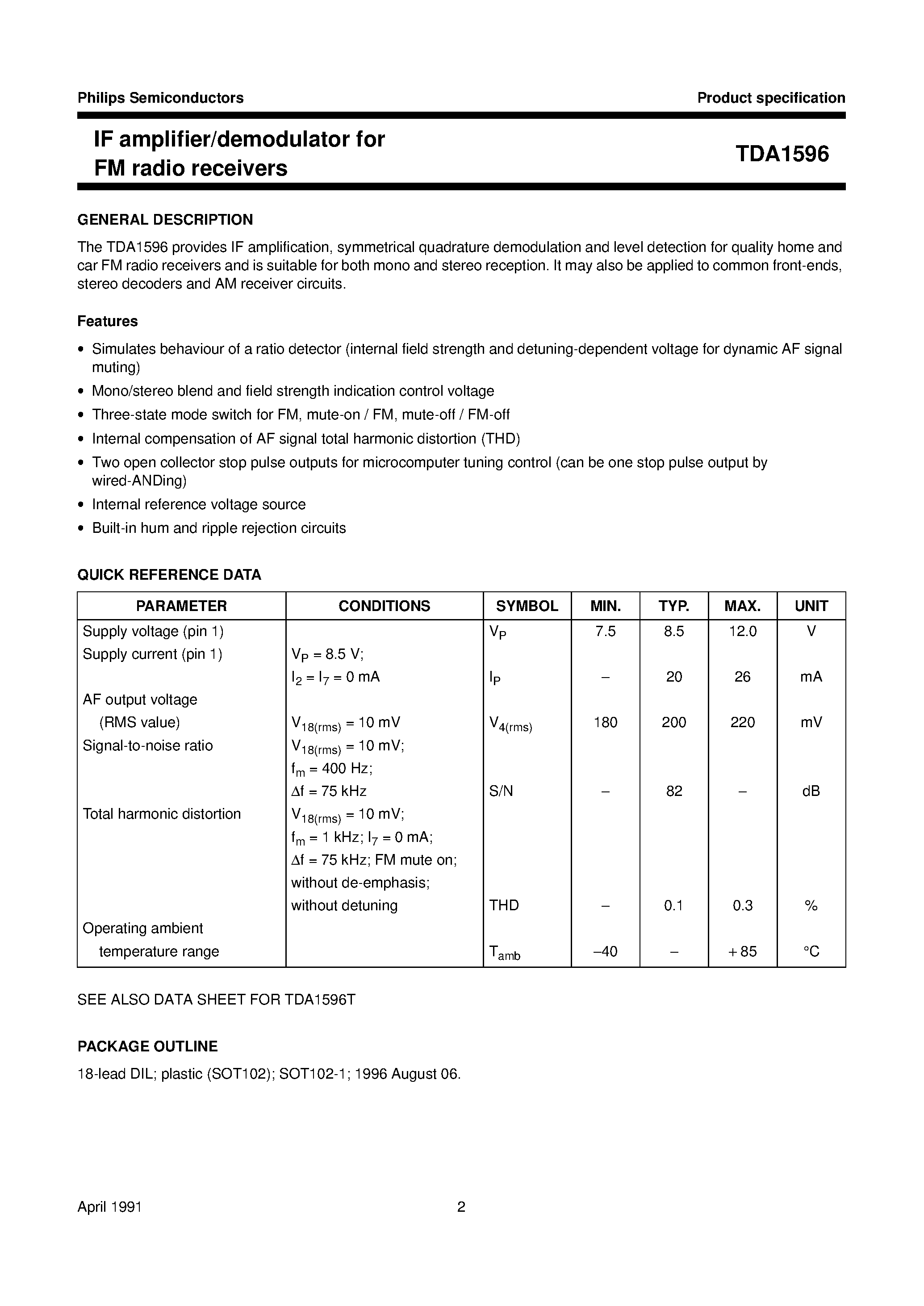 Datasheet TDA1596 - IF amplifier/demodulator for FM radio receivers page 2