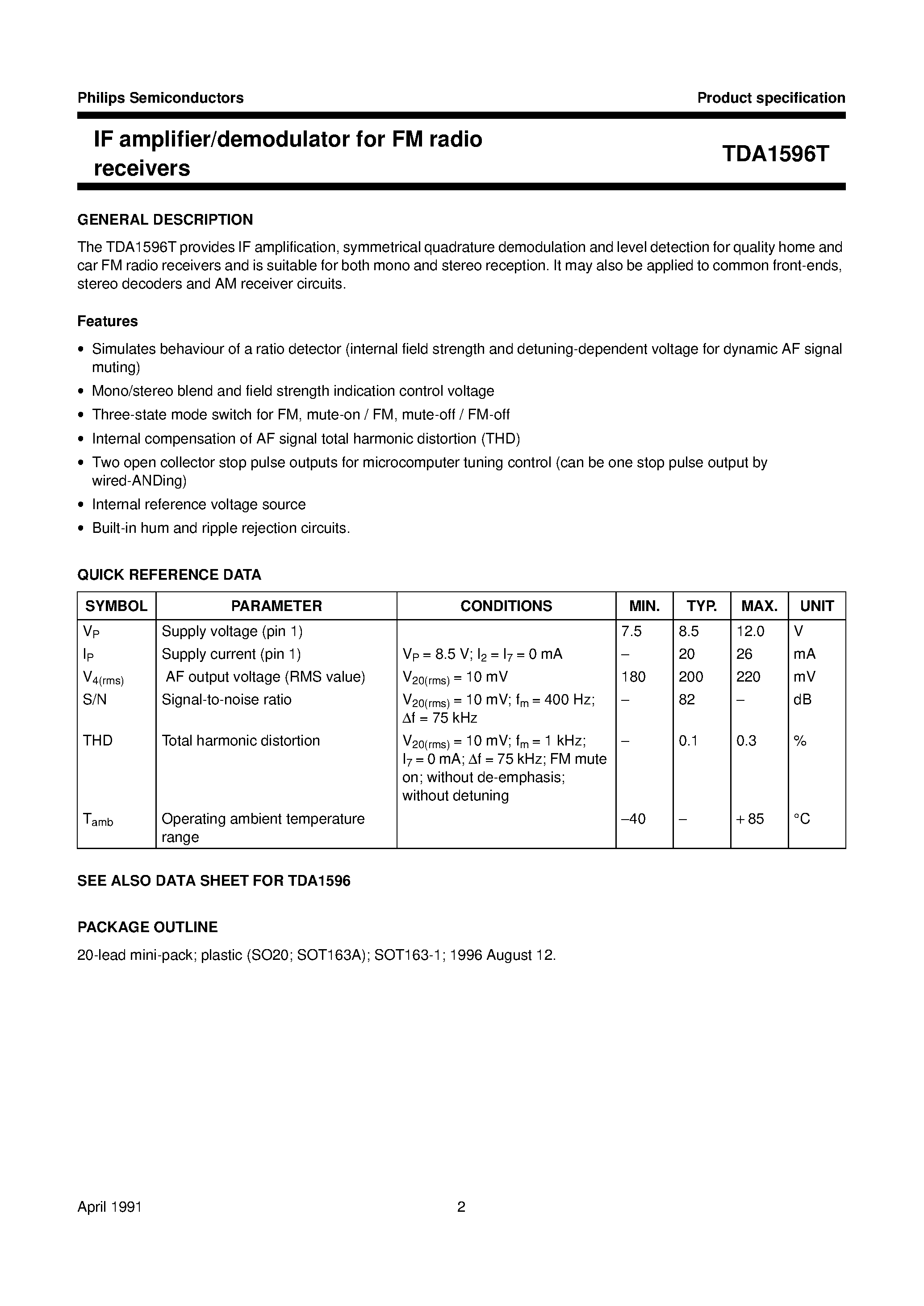 Datasheet TDA1596T - IF amplifier/demodulator for FM radio receivers page 2