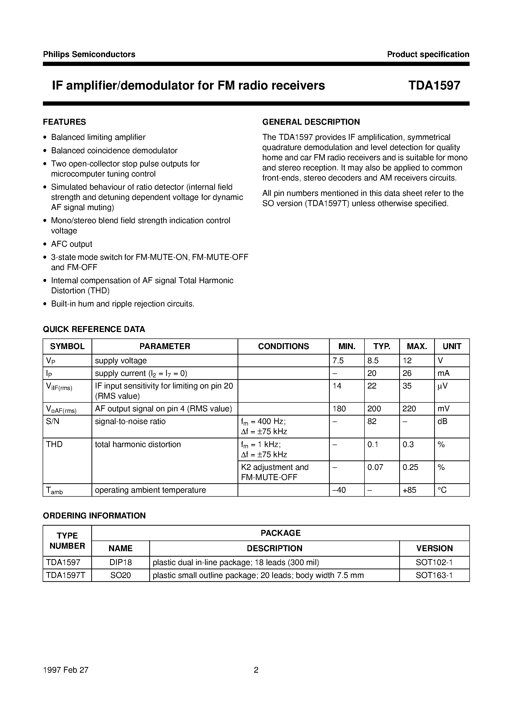 Datasheet TDA1597 - IF amplifier/demodulator for FM radio receivers page 2