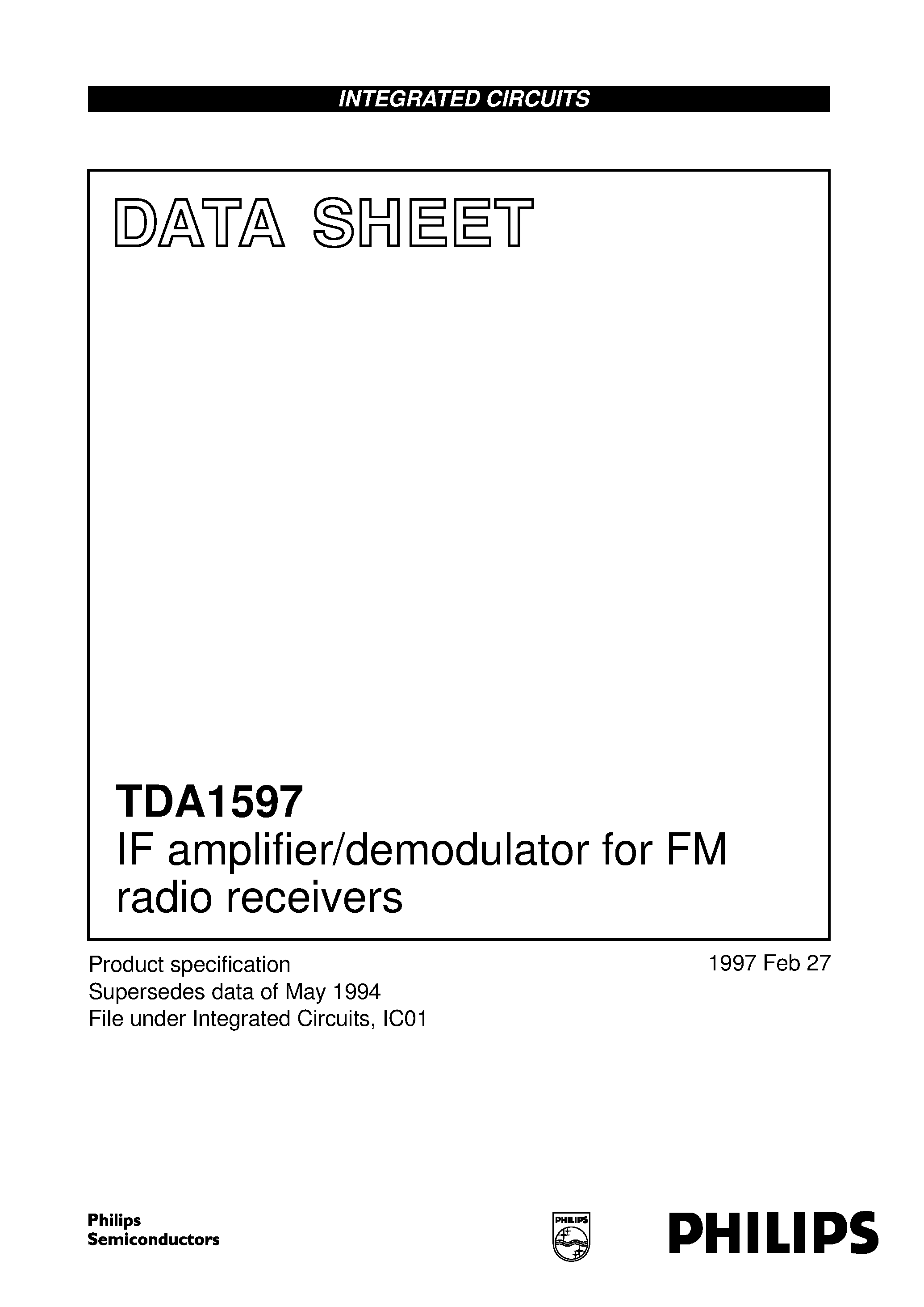 Datasheet TDA1597T - IF amplifier/demodulator for FM radio receivers page 1