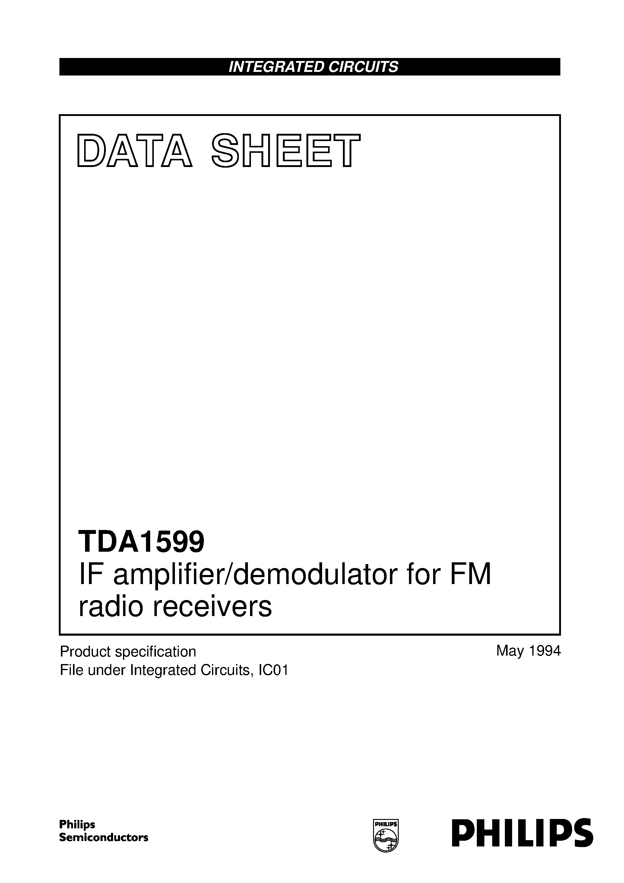 Datasheet TDA1599 - IF amplifier/demodulator for FM radio receivers page 1