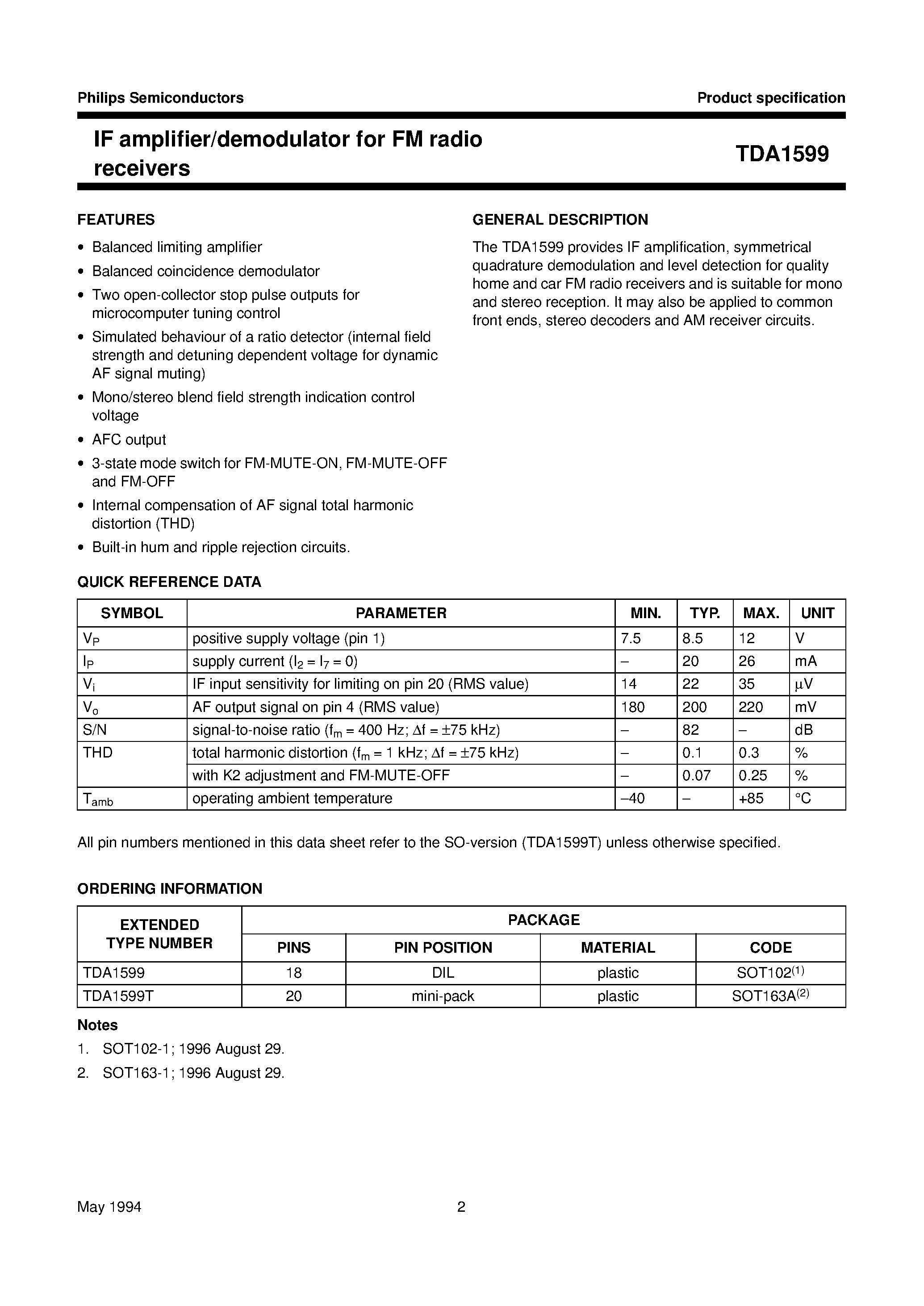 Datasheet TDA1599 - IF amplifier/demodulator for FM radio receivers page 2